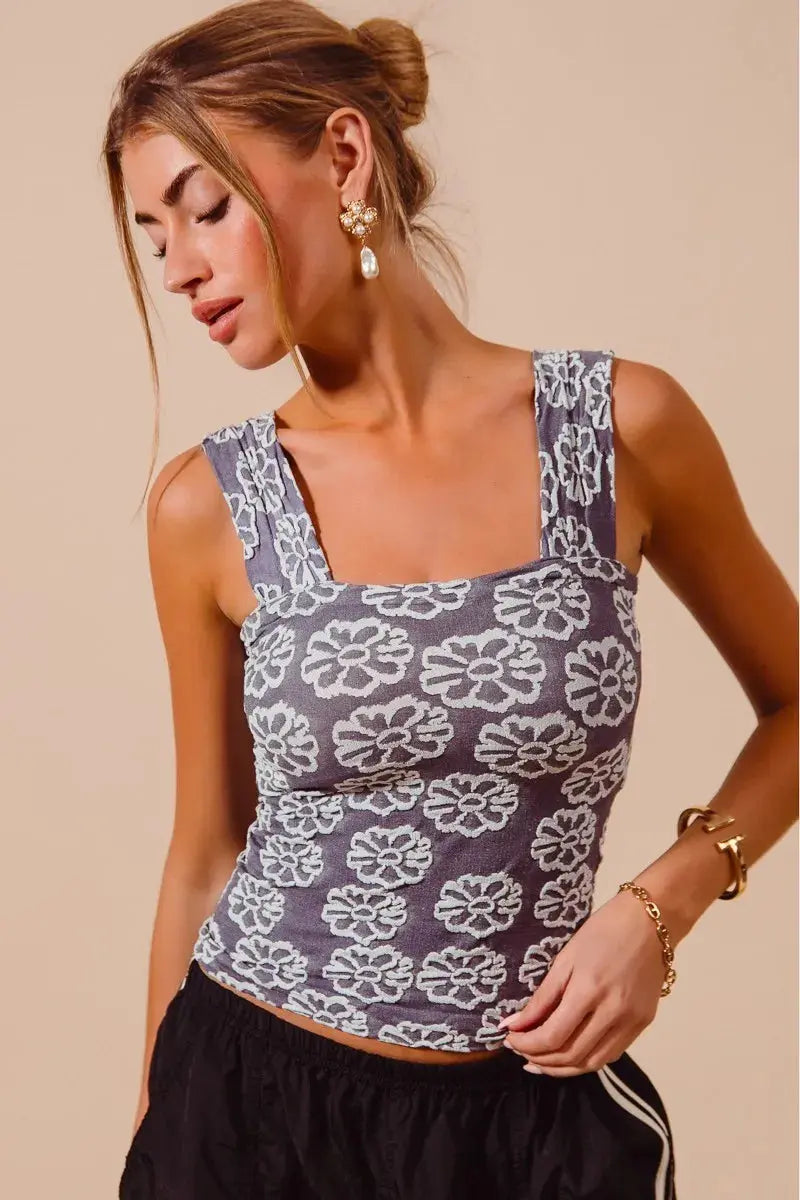 SO ME Charcoal Blue Two Tone Floral Seamless Tank Top - Be Bliss Boutique