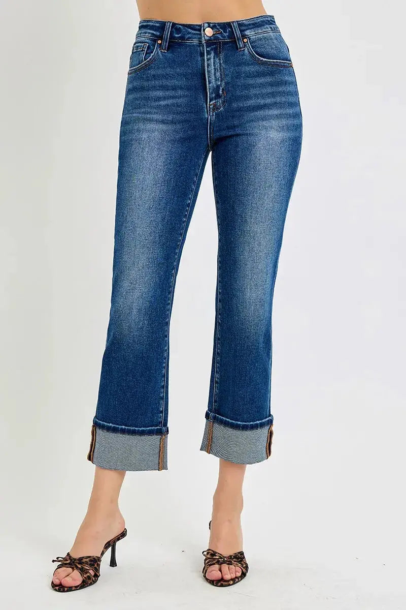 Full/Plus Size High Rise Ankle Straight Cuffed RISEN Jeans - Be Bliss Boutique