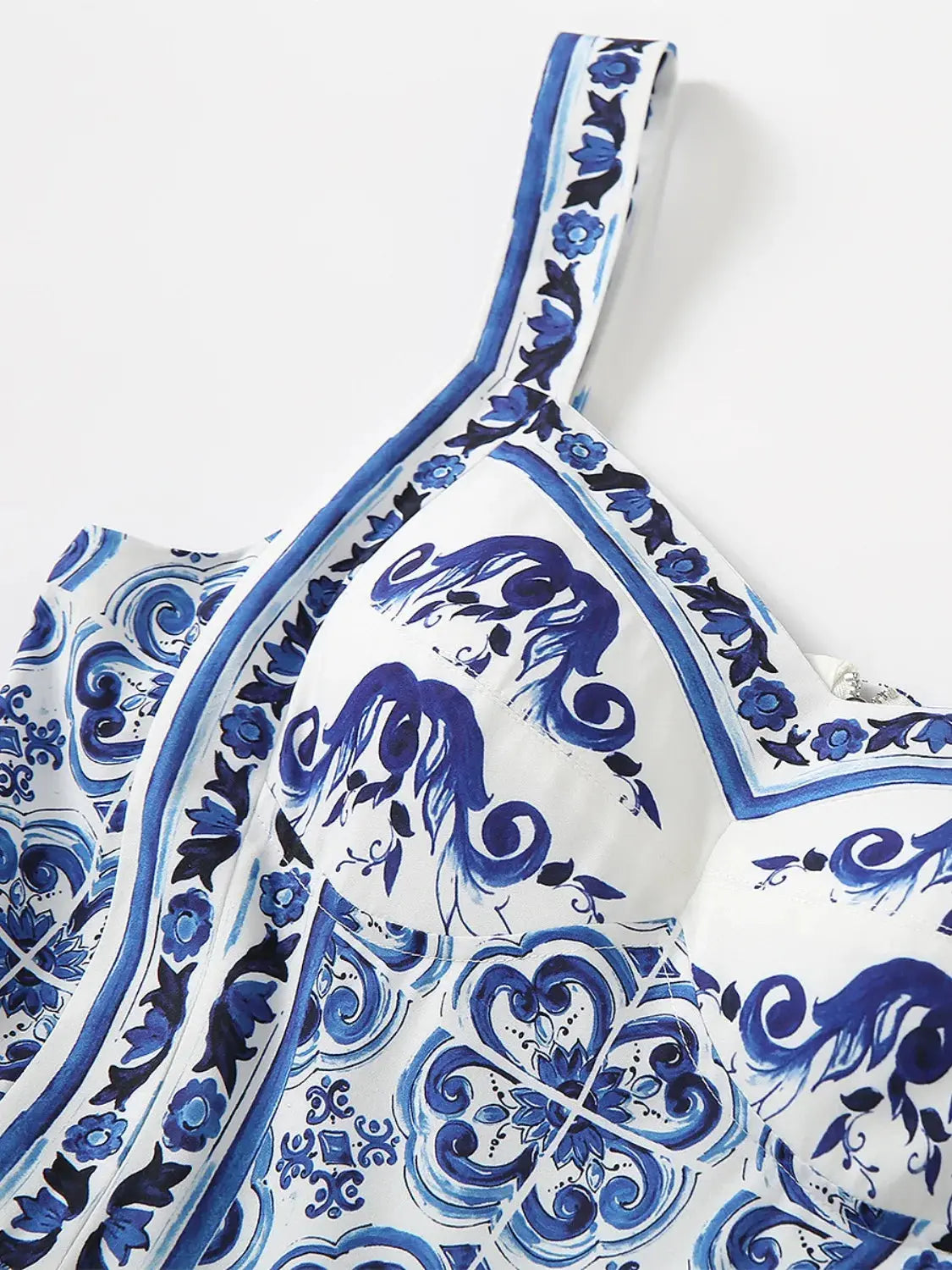 Smocked Blue Tile Print Wide Strap Midi Dress - Be Bliss Boutique