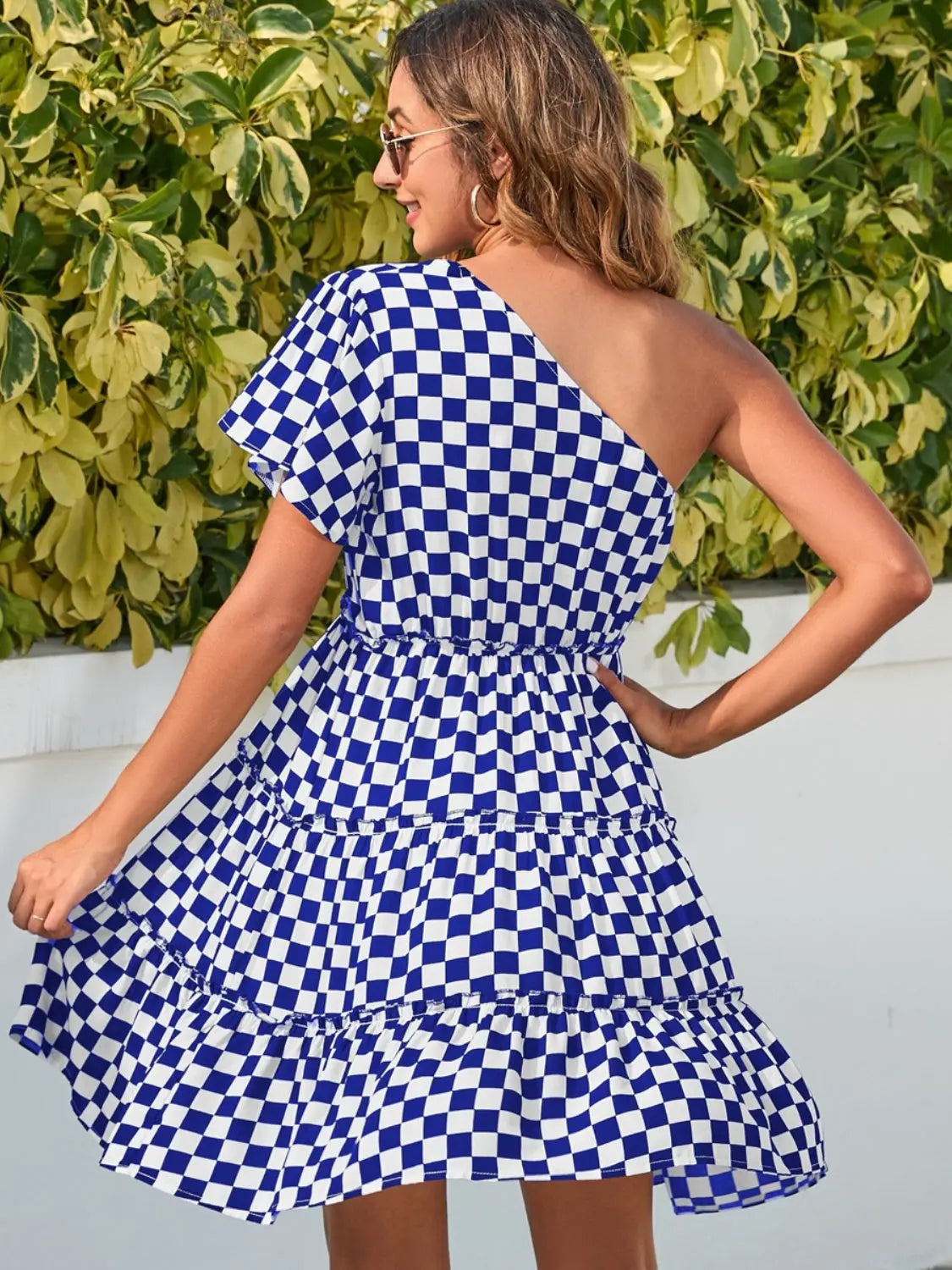 Checkered Single Shoulder Mini Dress - Be Bliss Boutique