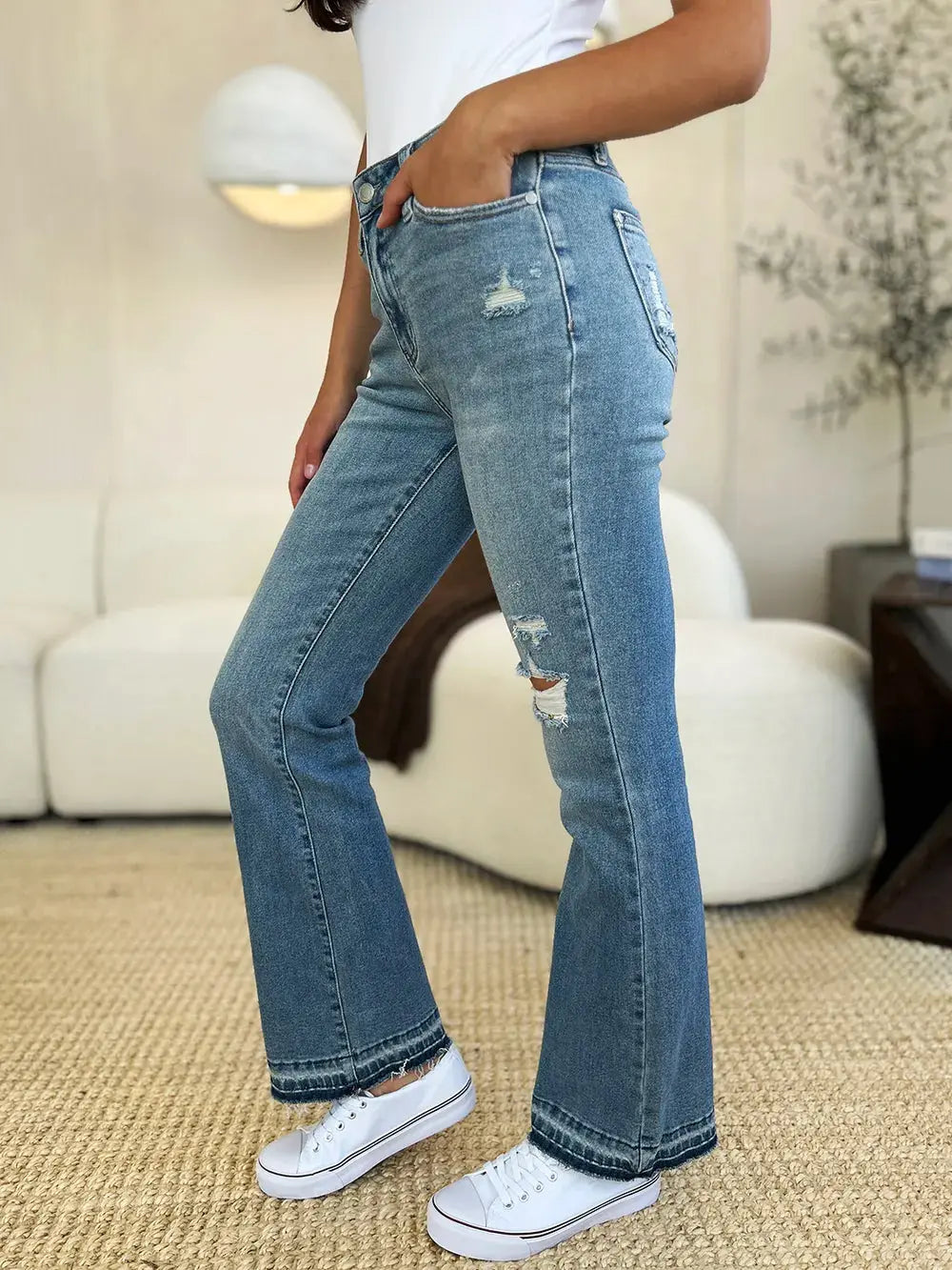 Full Size Mid Rise Destroyed Hem Distressed Judy Blue Jeans - Be Bliss Boutique