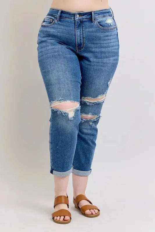 Full Size Mr Vintage Wash Boyfriend Fit w/ Destroy Judy Blue Jeans - Be Bliss Boutique