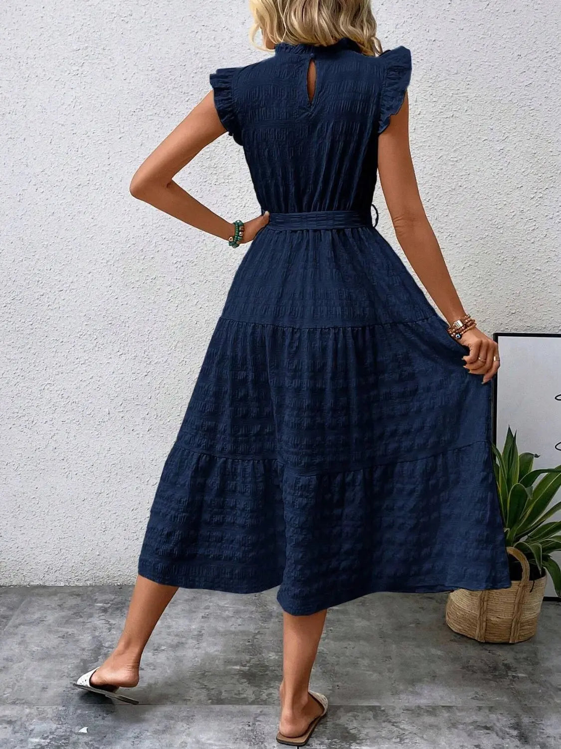 Tied Ruffled Cap Sleeve Midi Dress - Be Bliss Boutique
