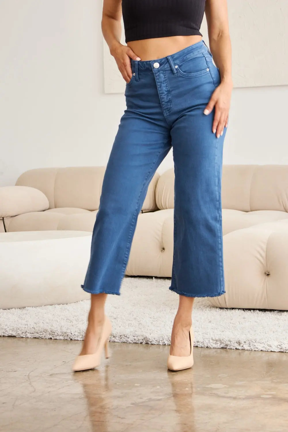 RFM Crop Full Size Tummy Control High Waist Raw Hem Jeans - Be Bliss Boutique