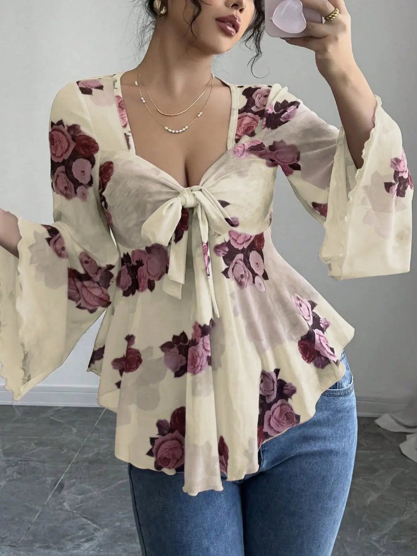 Floral Tie Front Flare Sleeve Blouse - Be Bliss Boutique