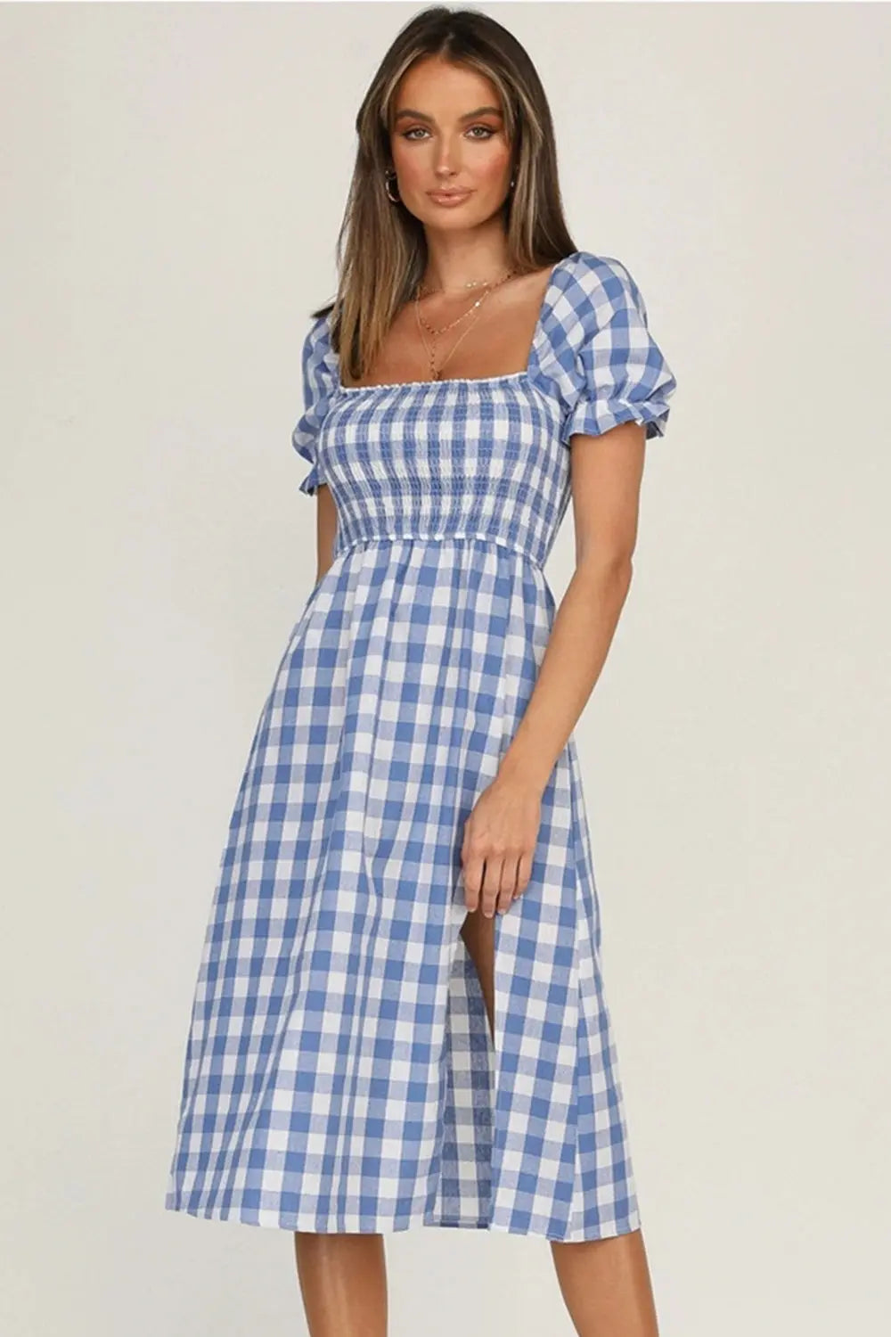 Full Size Slit Plaid Short Sleeve Midi Dress - Be Bliss Boutique