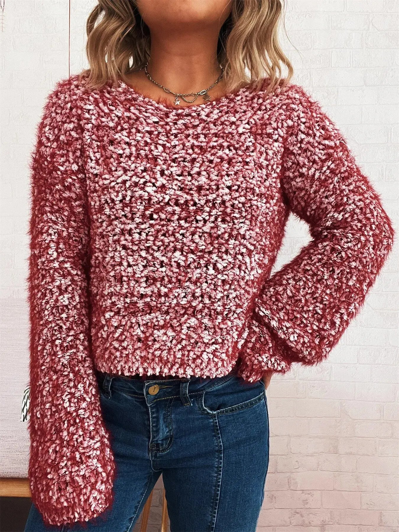 Crochet Dropped Shoulder Round Neck Sweater - Be Bliss Boutique