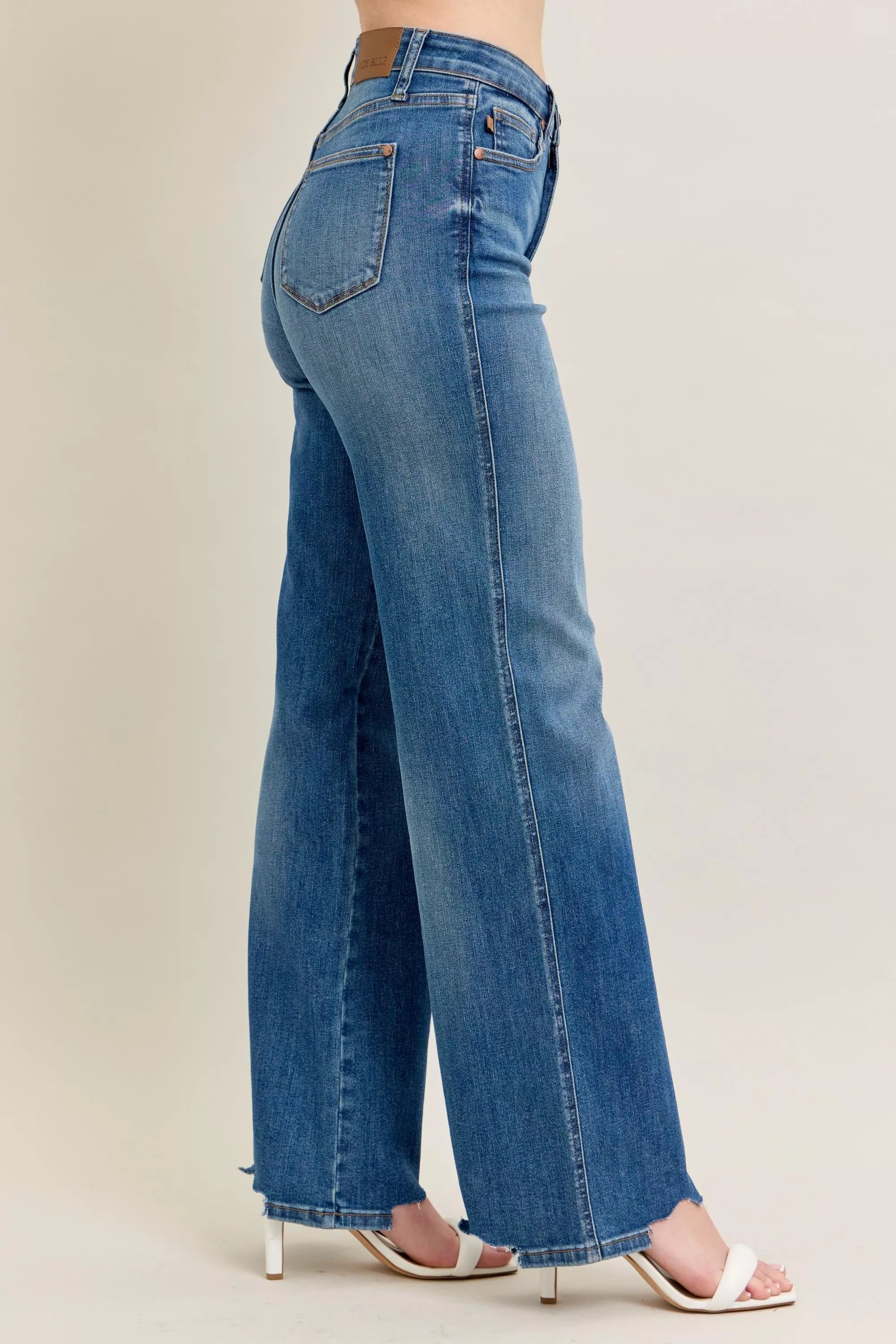Judy Blue Full Size High Waist Tummy Control Chew Hem Destroy Wide Jeans Plus Size - Be Bliss Boutique