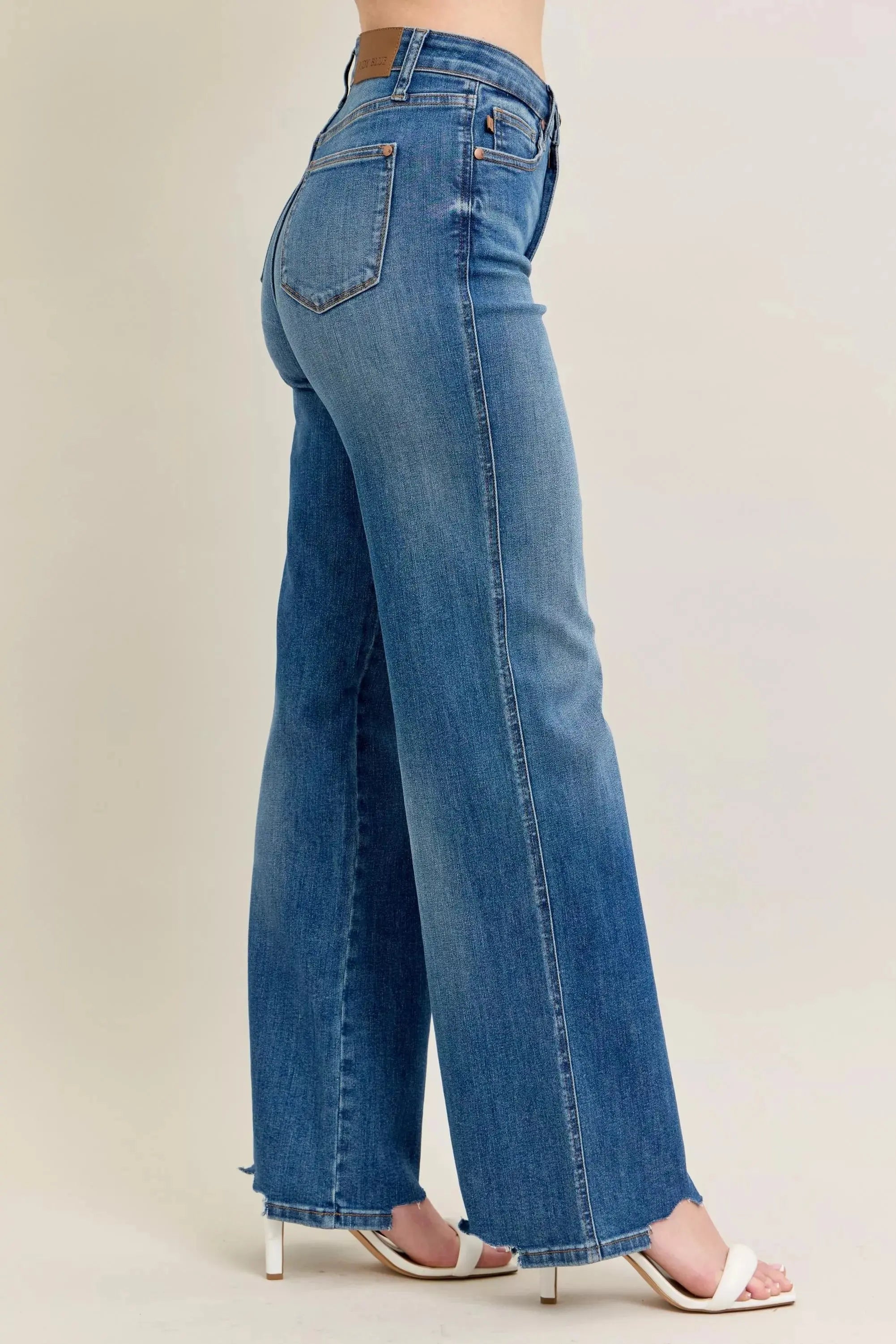Judy Blue Full Size High Waist Tummy Control Destroy Wide Leg Jeans with Chew Hem - Be Bliss Boutique