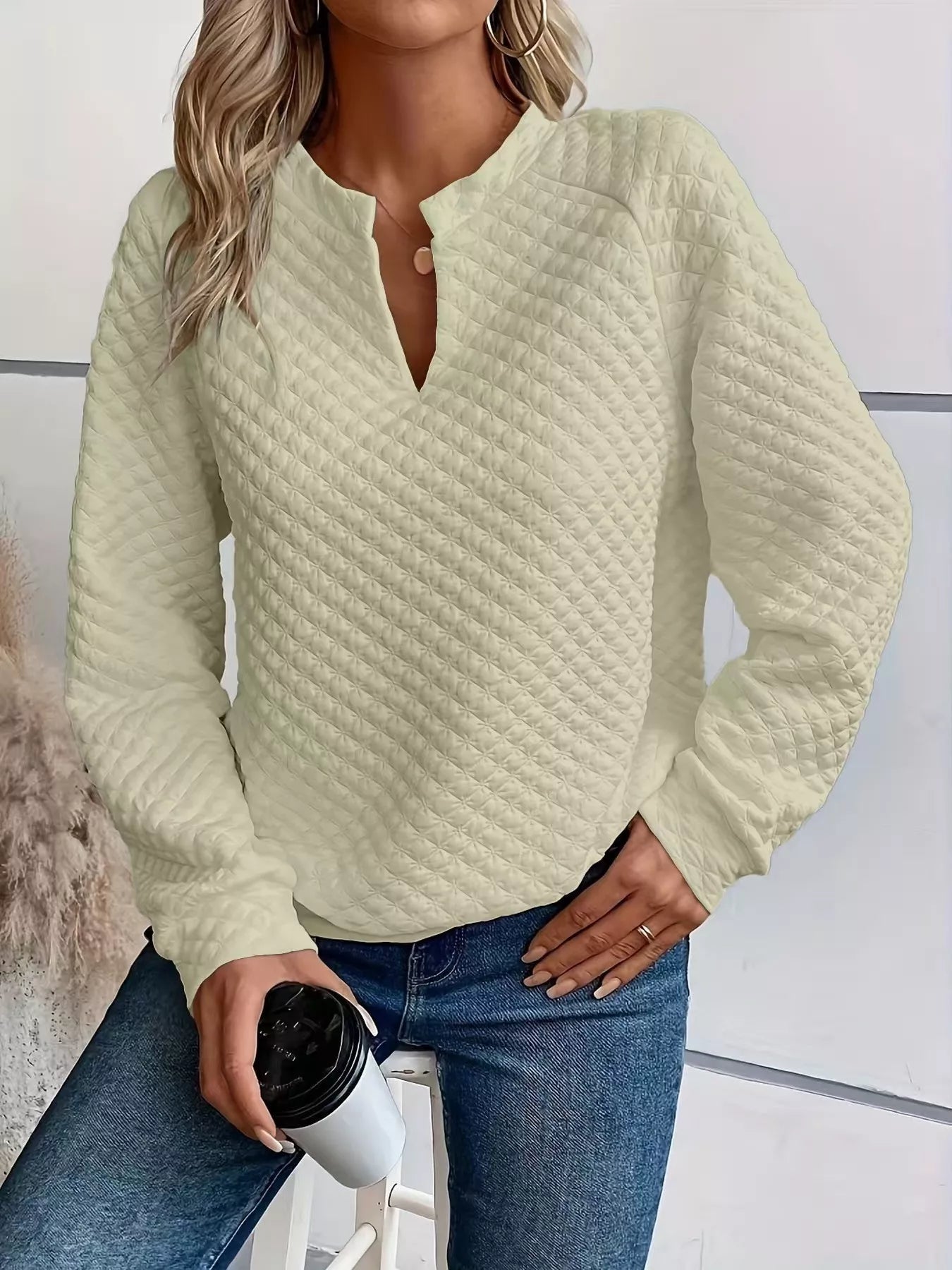 Notched Raglan Sleeve Sweatshirt -  Be Bliss Boutique