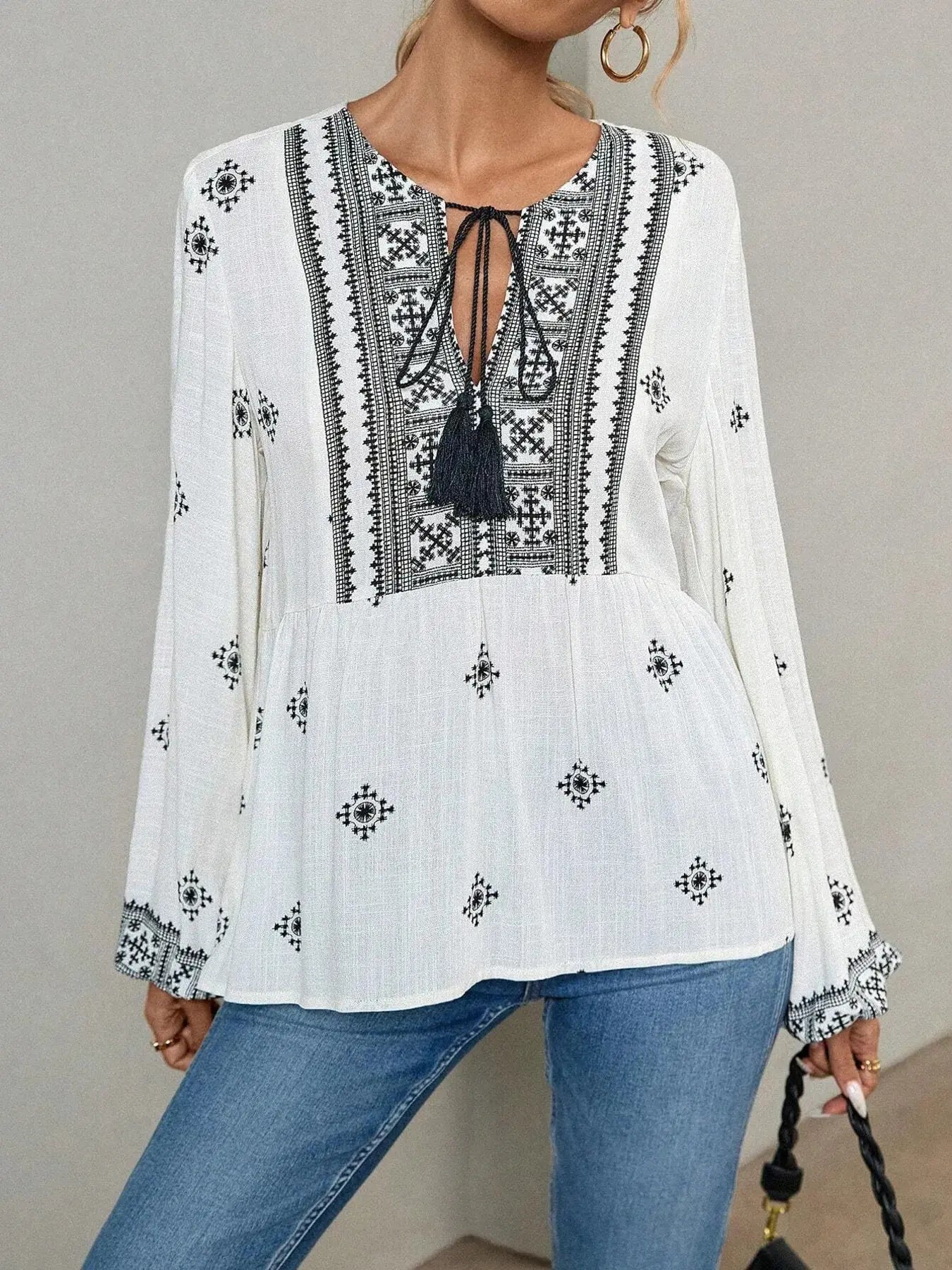 Tie Front Long Sleeve Boho Blouse - Be Bliss Boutique