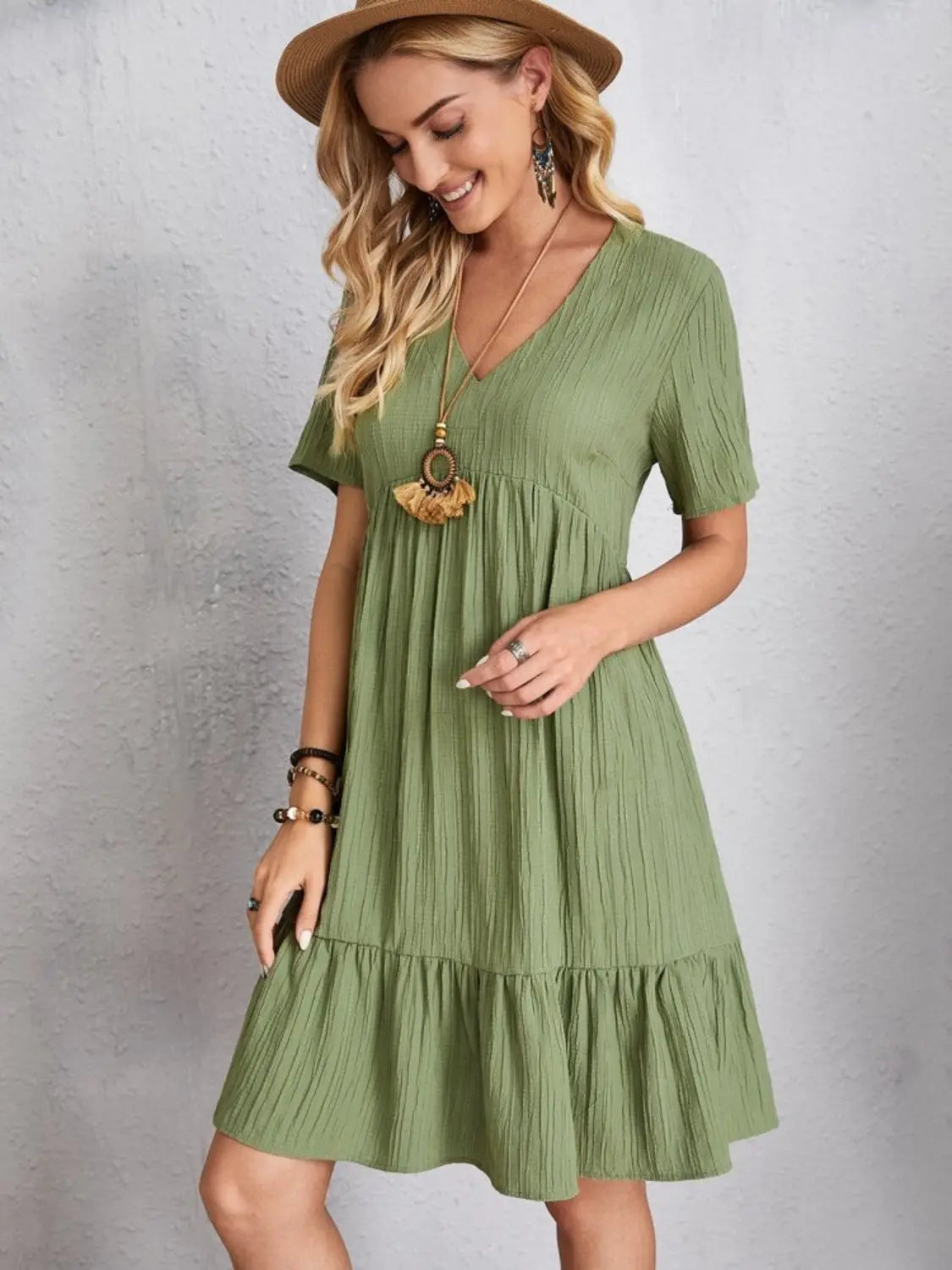 Boho Textured V-Neck Short Sleeve Babydoll Dress - Be Bliss Boutique