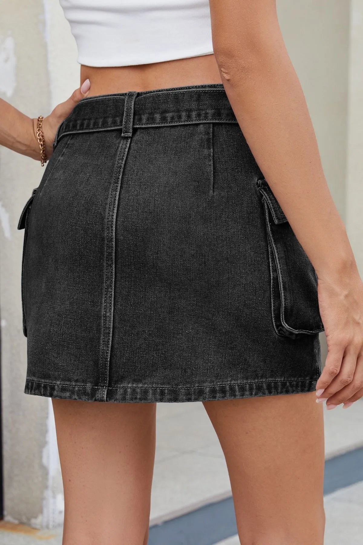 Criss-Cross Waist Pocketed Denim Mini Skirt - Be Bliss Boutique