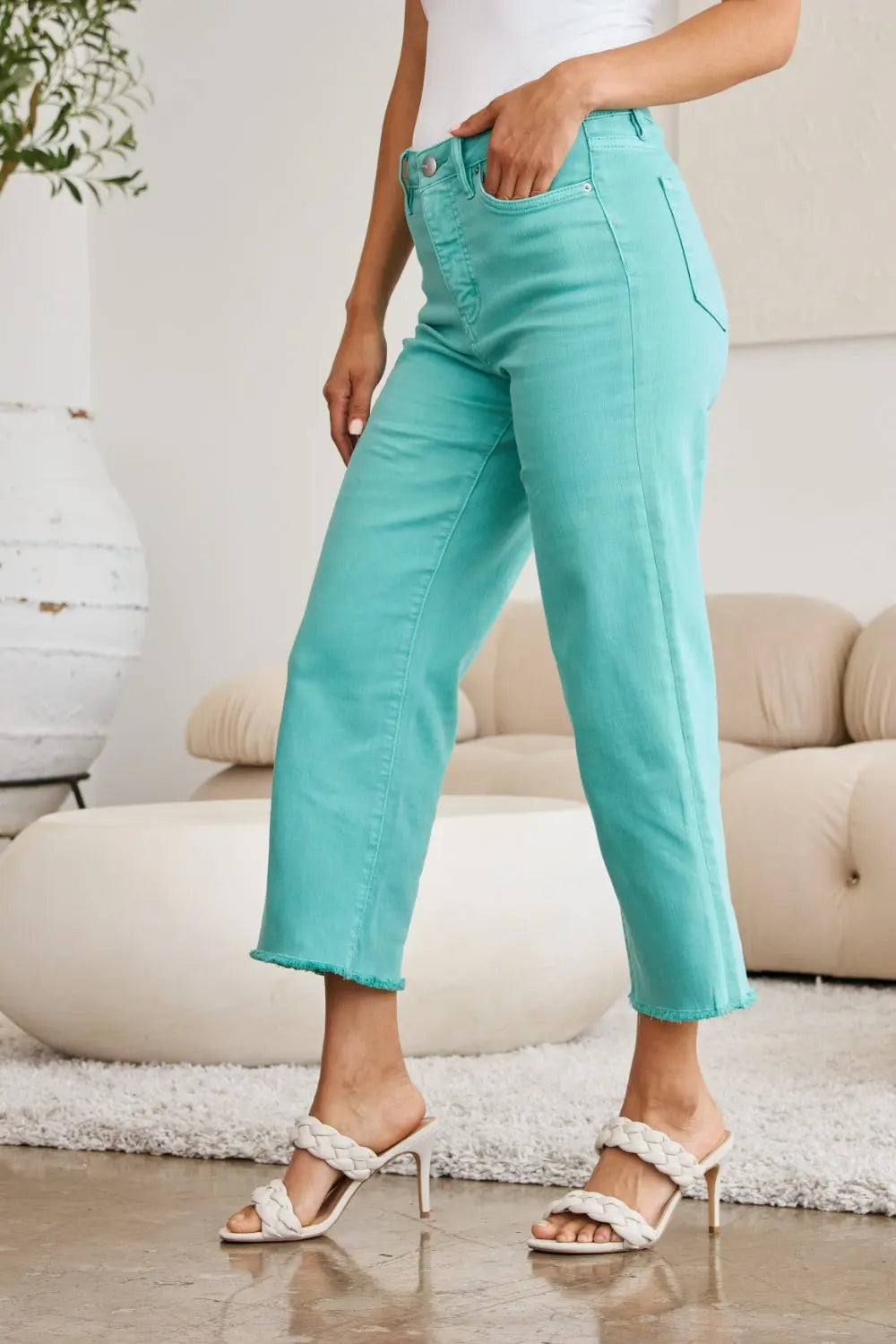 Island Green Full Size Tummy Control High Waist Raw Hem Jeans - Be Bliss Boutique