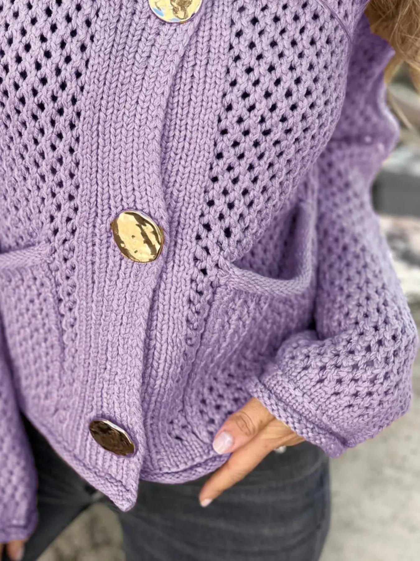 Crochet Button Up Long Sleeve Cardigan - Be Bliss Boutique