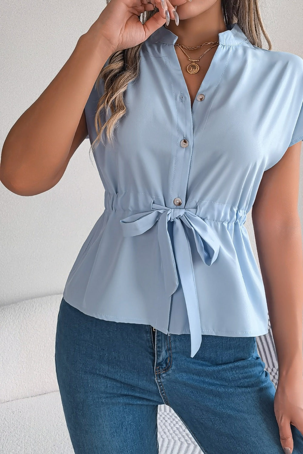 Tie Waist Button Down Shirt - Be Bliss Boutique