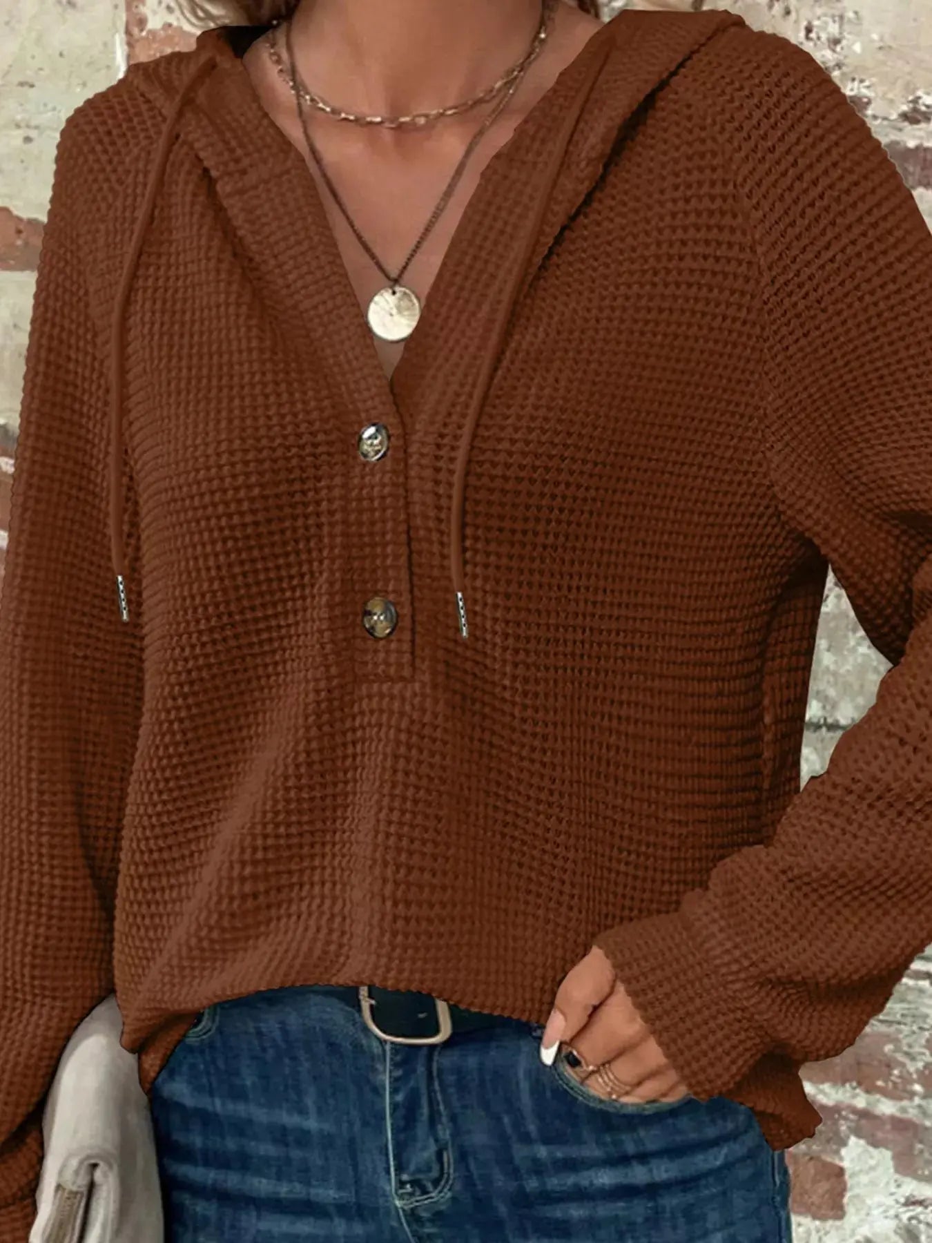 Casual Button Detail Waffle Knit Hoodie - Be Bliss Boutique