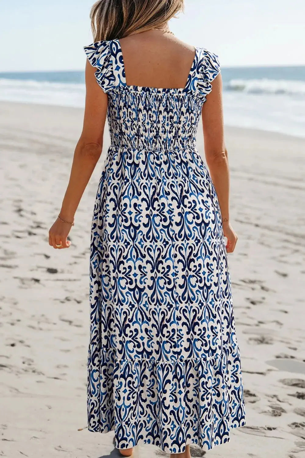 Smocked Printed Square Neck Boho Tiered Midi Dress - Be Bliss Boutique