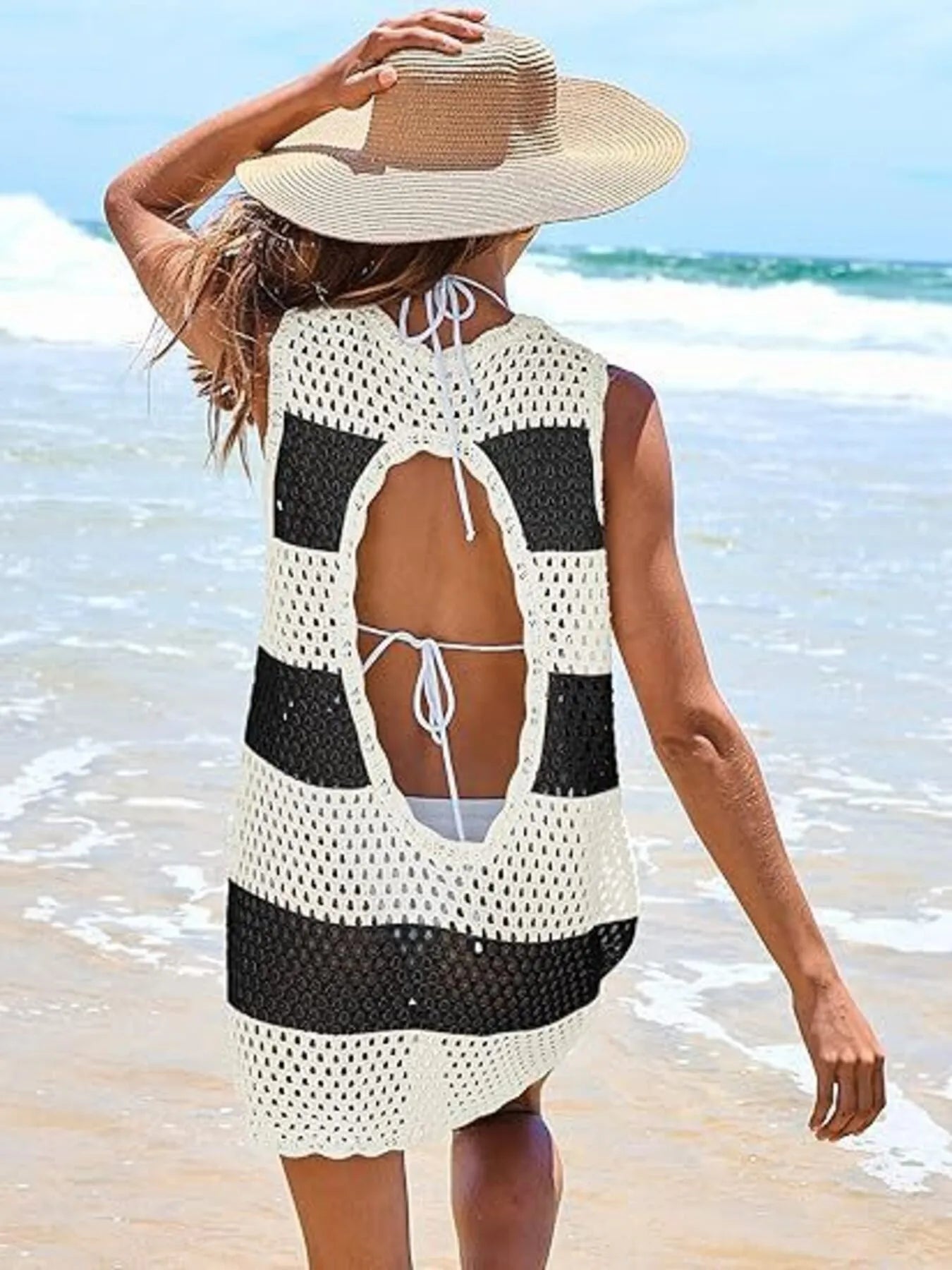 Color Block Openwork Cutout Back Sleeveless Cover Up - Be Bliss Boutique