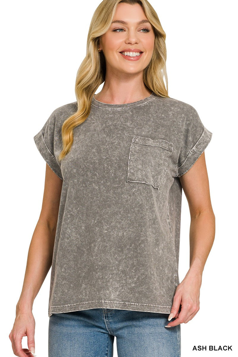 Zenana Halo Snow Washed Cuffed Short Sleeve Shirt - Be Bliss Boutique