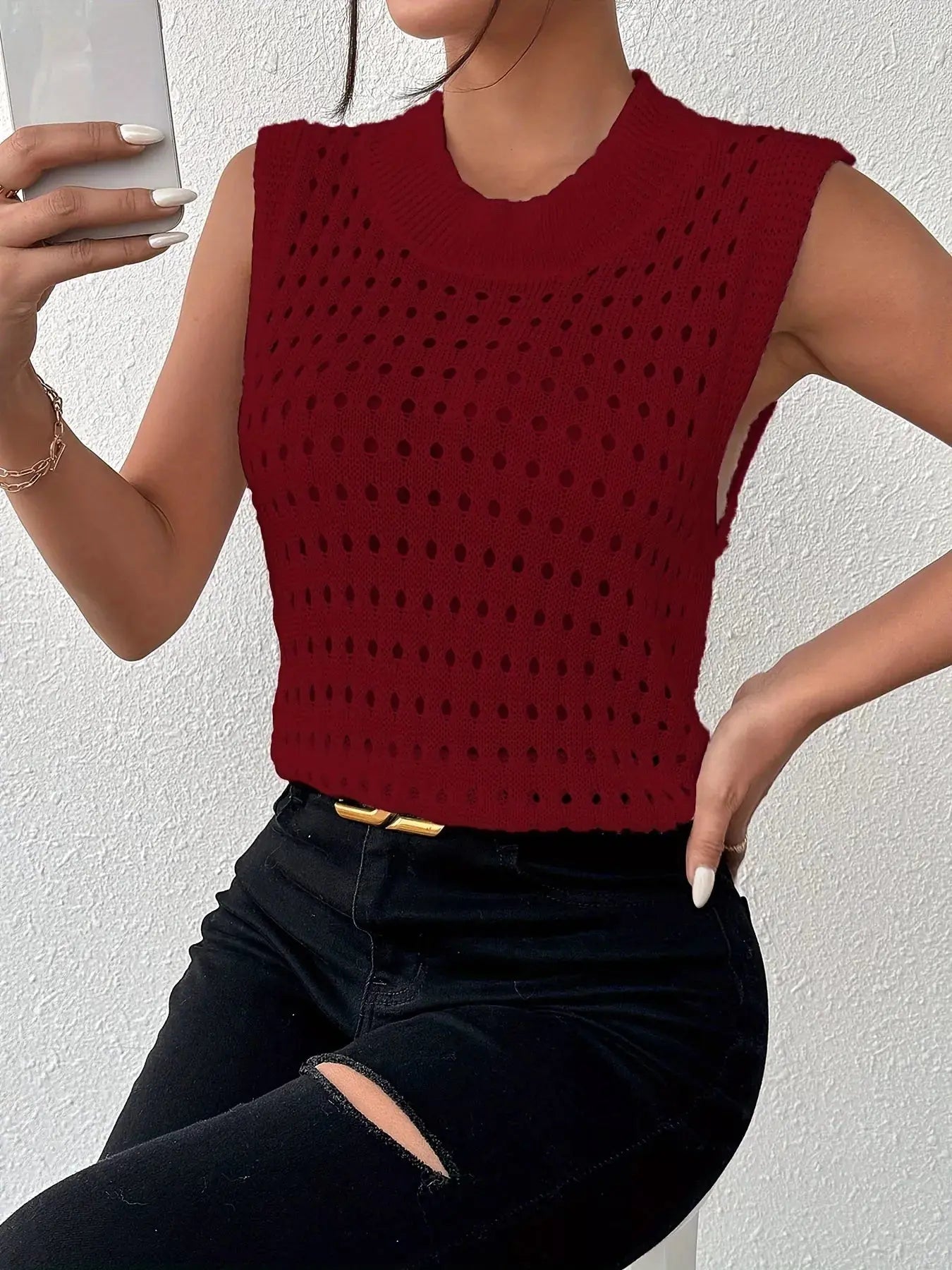 Hollow Out Round Neck Knit Sweater Tank - Be Bliss Boutique