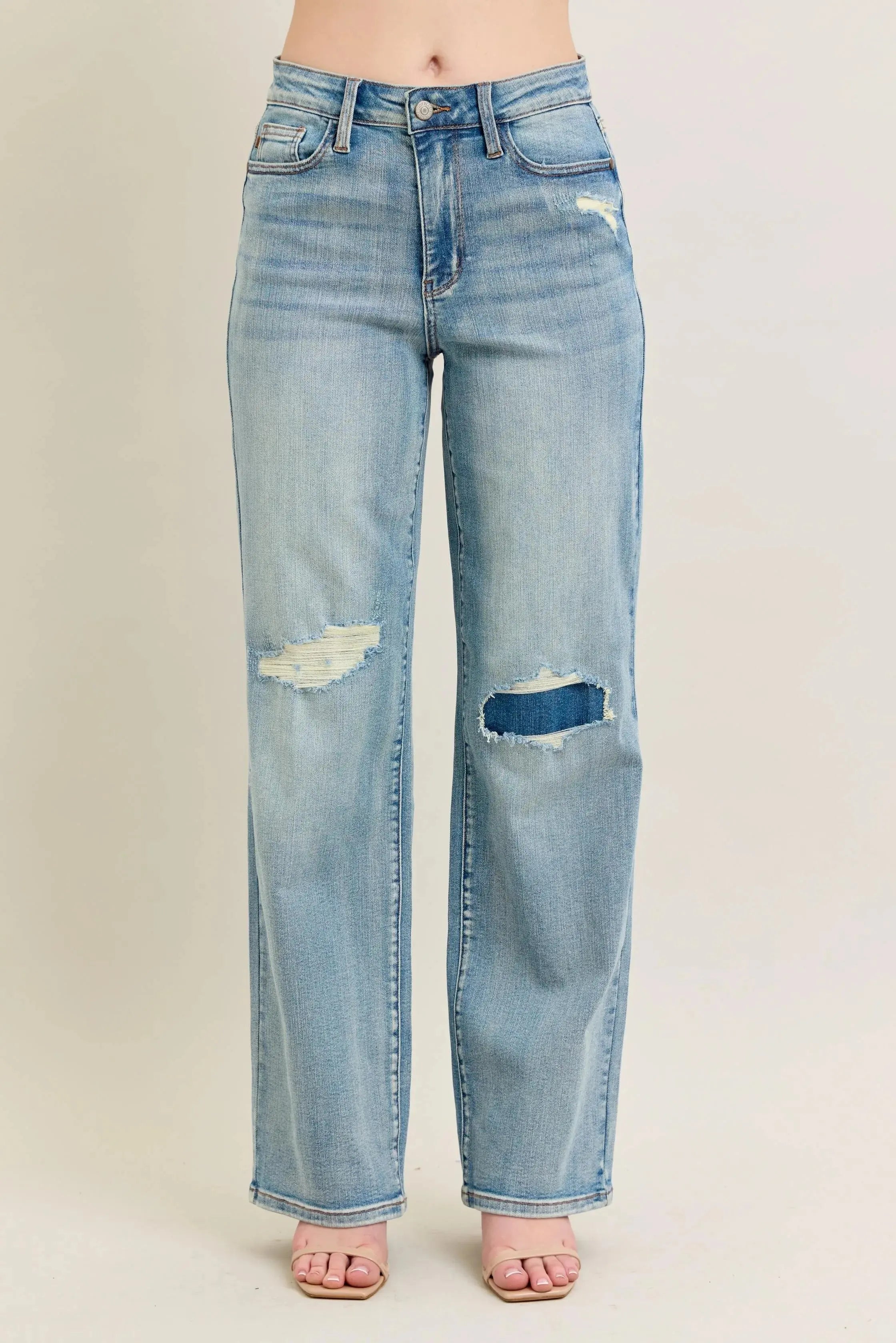 Judy Blue Jeans -Plus Size High Waist Destroy & Knee Patch Straight Leg - Be Bliss Boutique