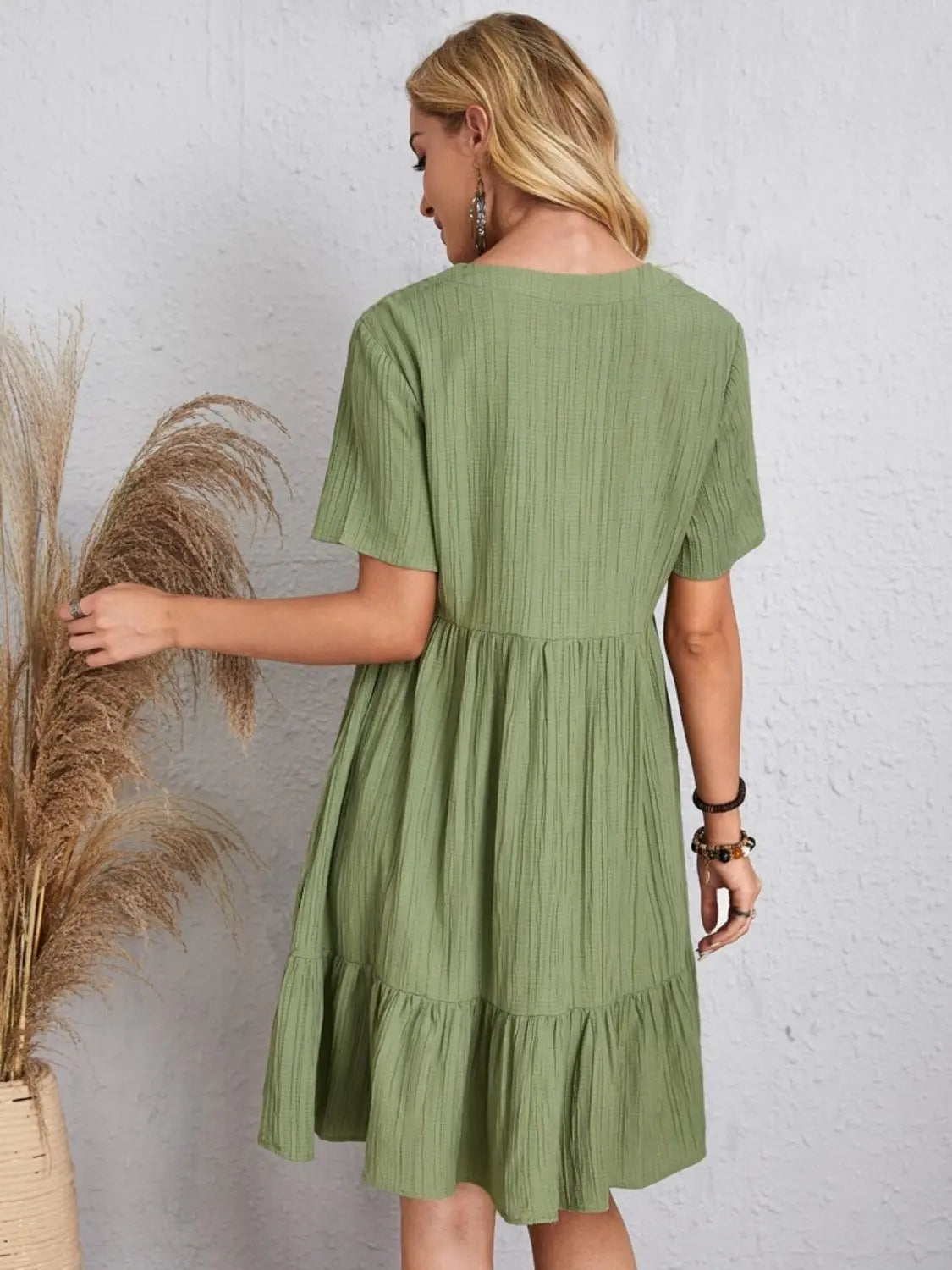 Boho Textured V-Neck Short Sleeve Babydoll Dress - Be Bliss Boutique