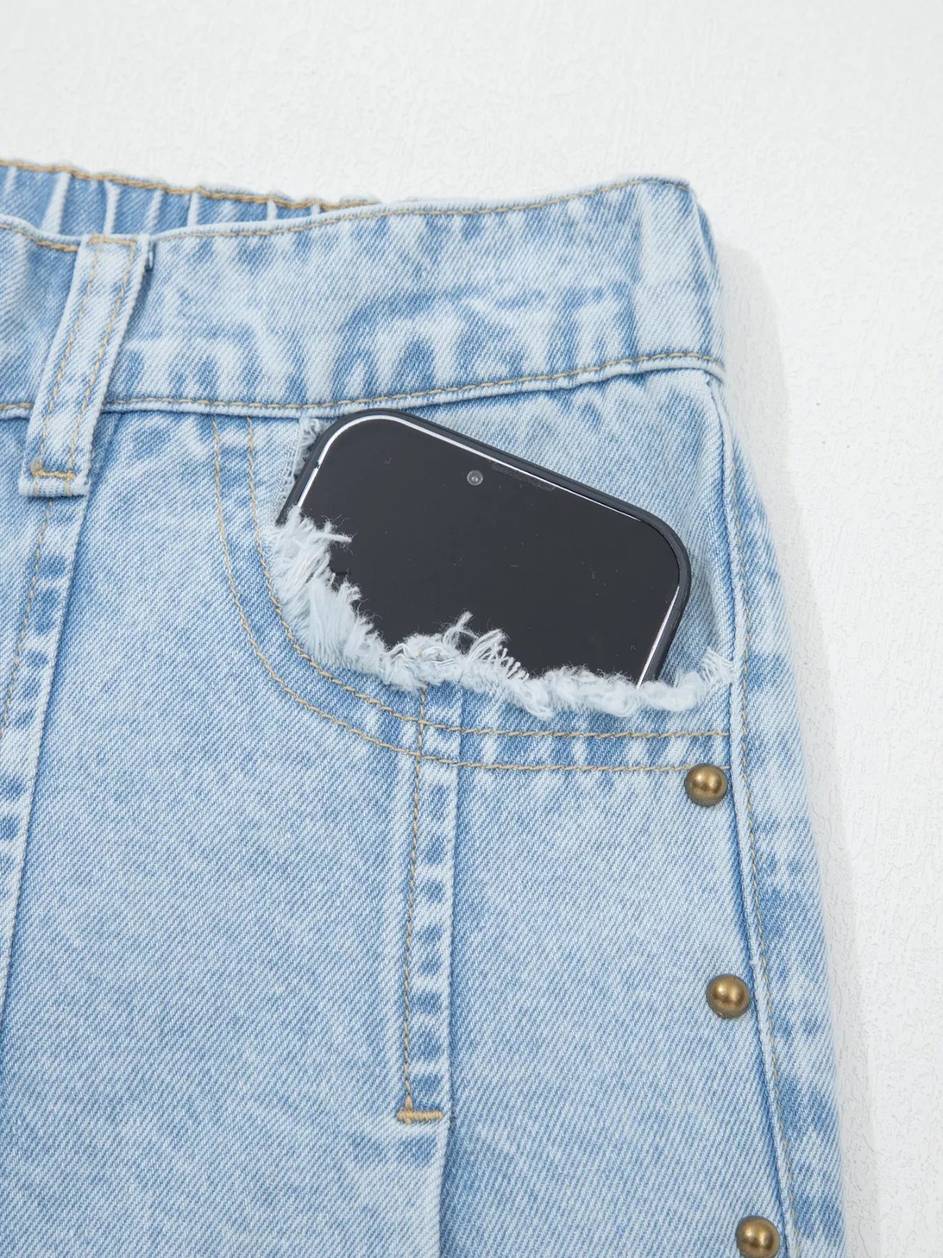 Studded Side Slit Leg Pocketed Frayed Wide Leg Jeans - Be Bliss Boutique