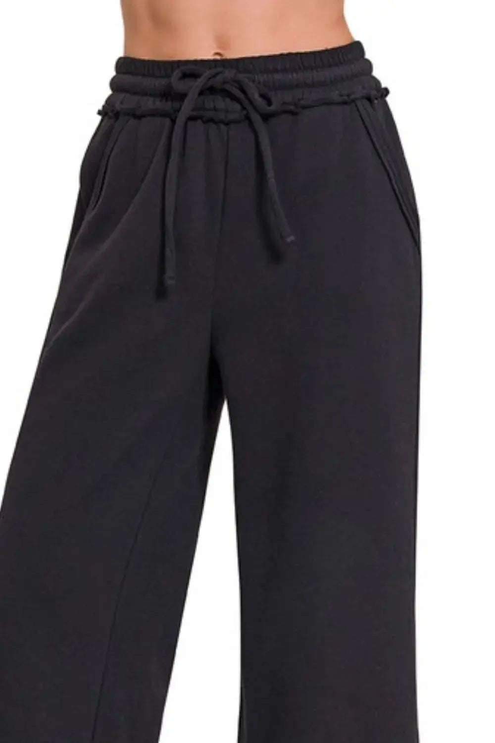 Zenana Black Wide Leg Fleece Sweatpants with Drawstring Waist - Be Bliss Boutique