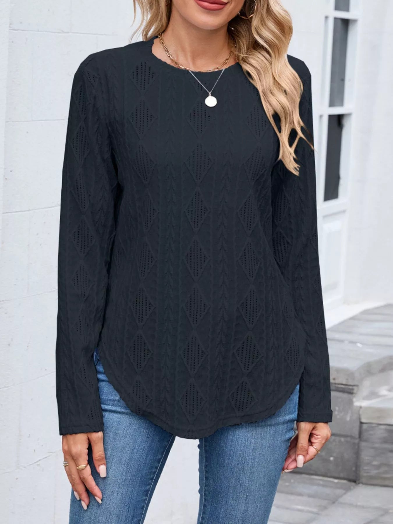 Openwork Textured Long Sleeve Top - Be Bliss Boutique
