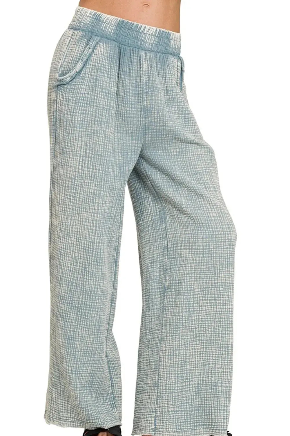 Zenana Washed Double Gauze Elastic Waist Women's Lounge Pants (Blue Gray) - Be Bliss Boutique