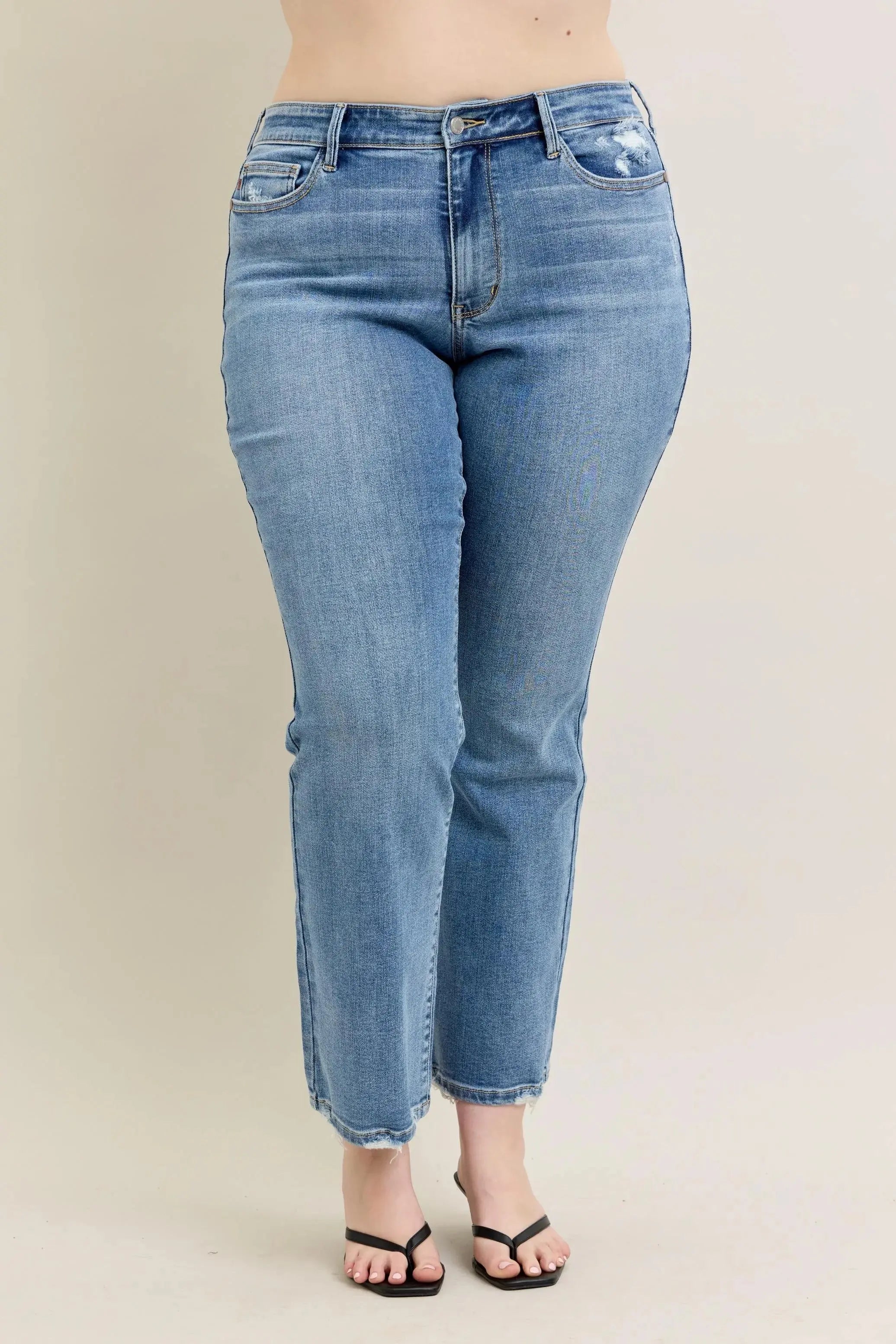 Full Size Mid Rise Wash Destroy Hem Bootcut Judy Blue Jeans - Be Bliss Boutique
