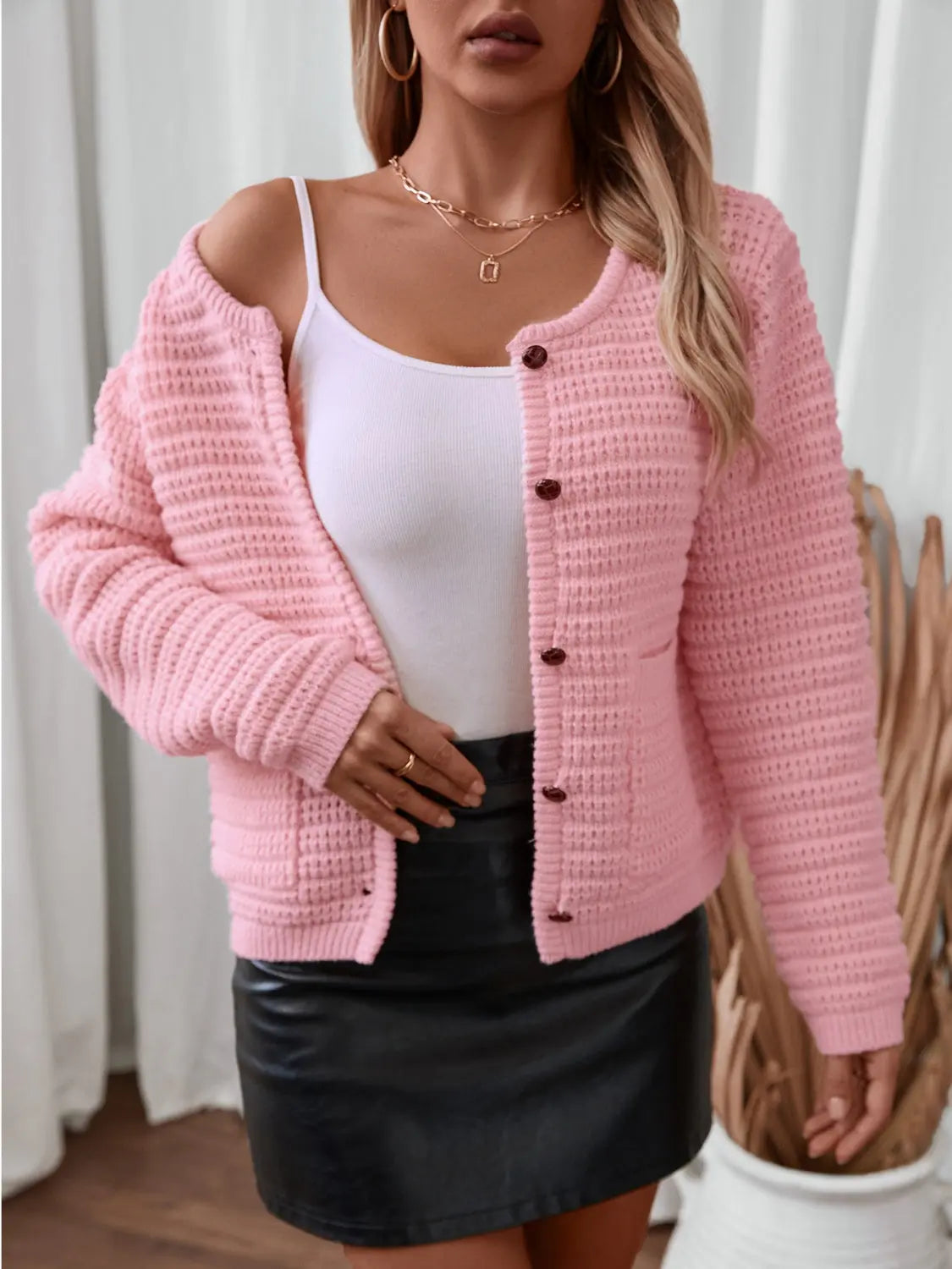 Textured Knit Button Up Long Sleeve Cardigan - Be Bliss Boutique