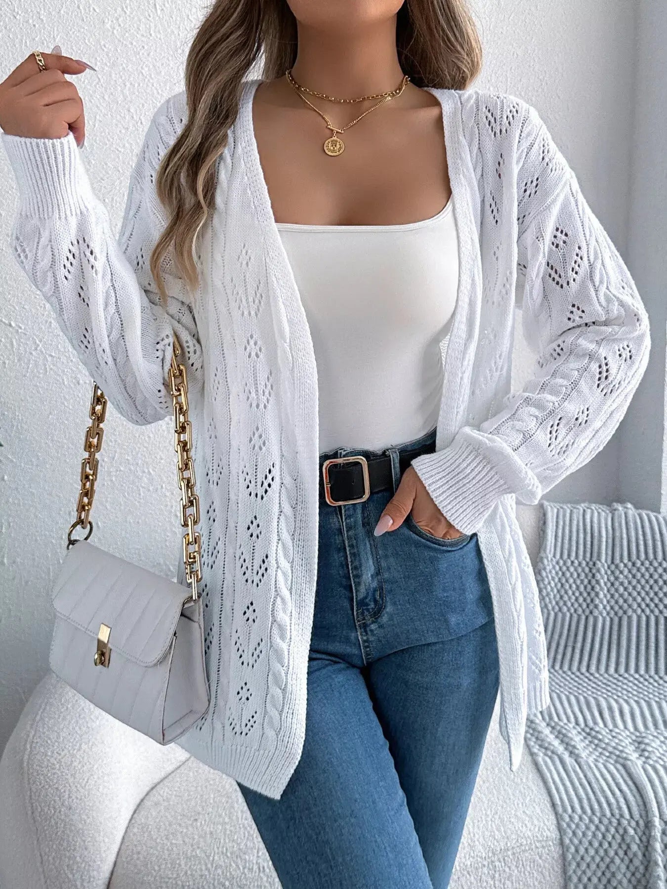 Openwork Open Front Long Sleeve Cardigan - Be Bliss Boutique