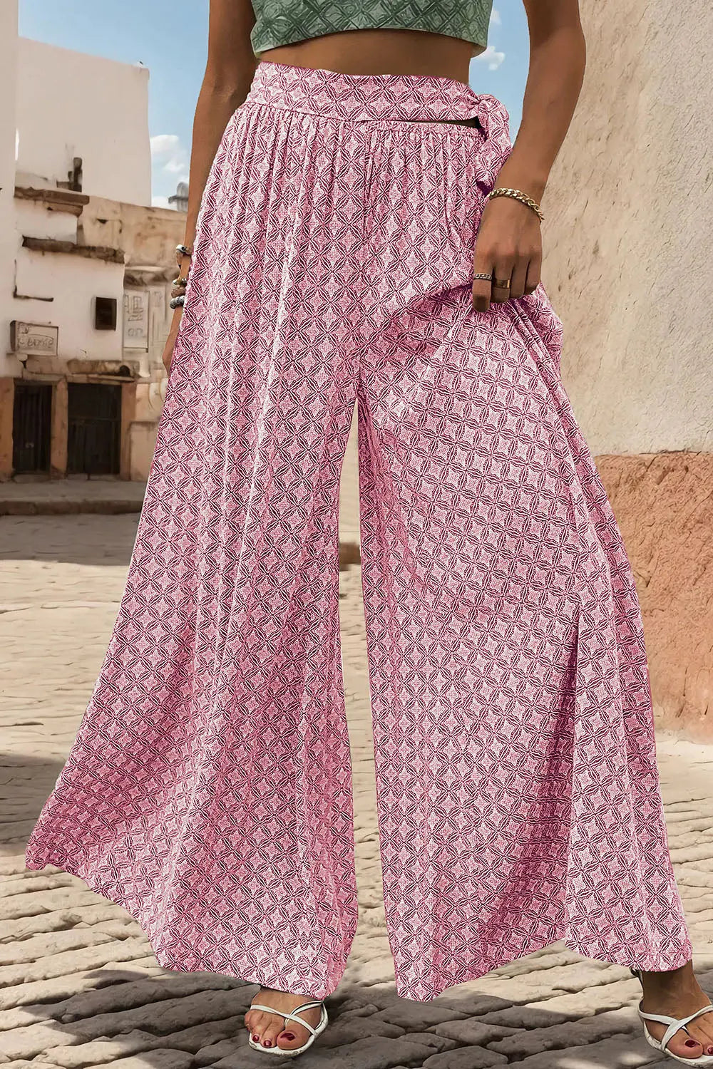 Printed Tied Wide Leg Pants - Be Bliss Boutique