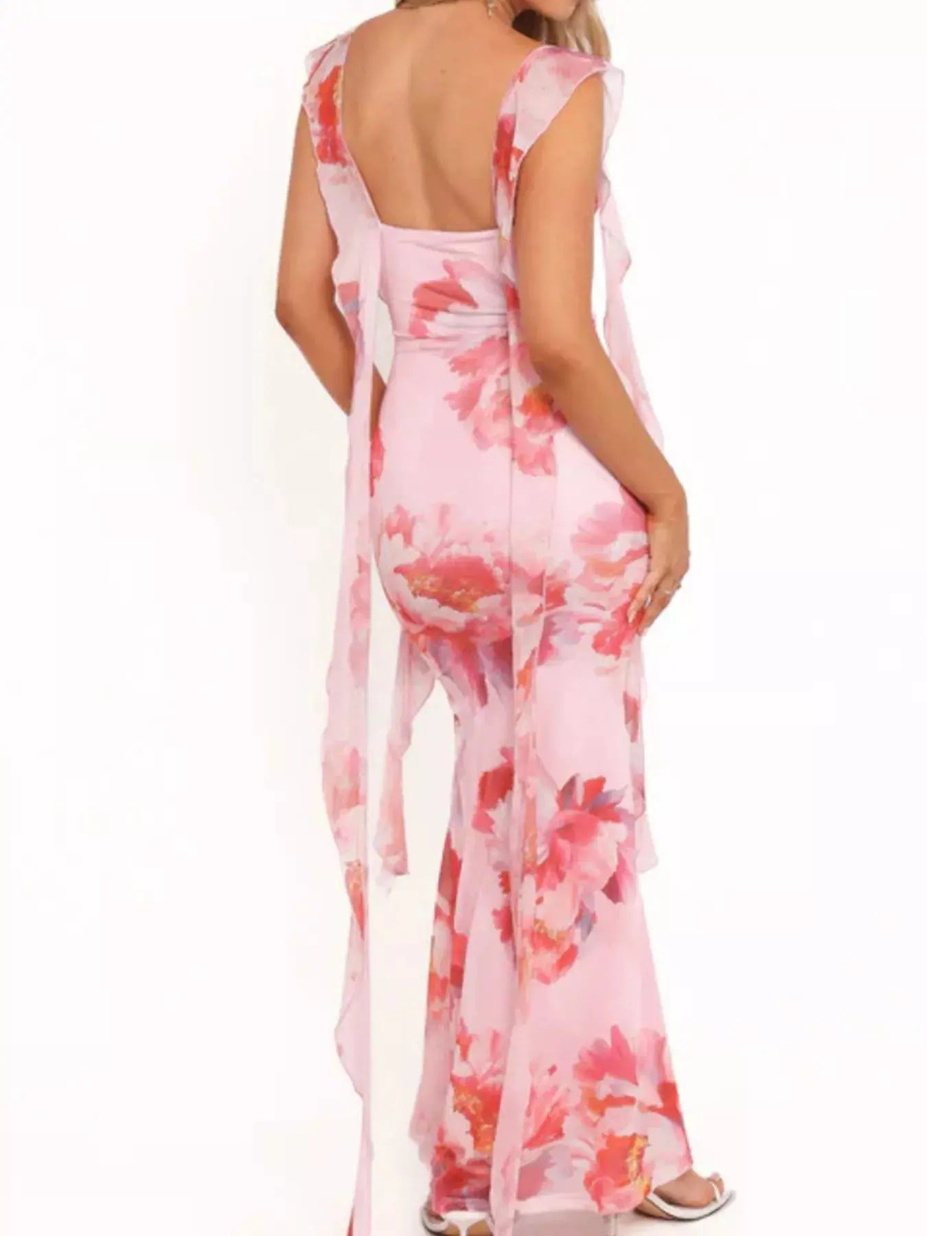 Floral Print Ruffle Trim Bodycon Maxi Dress - Be Bliss Boutique