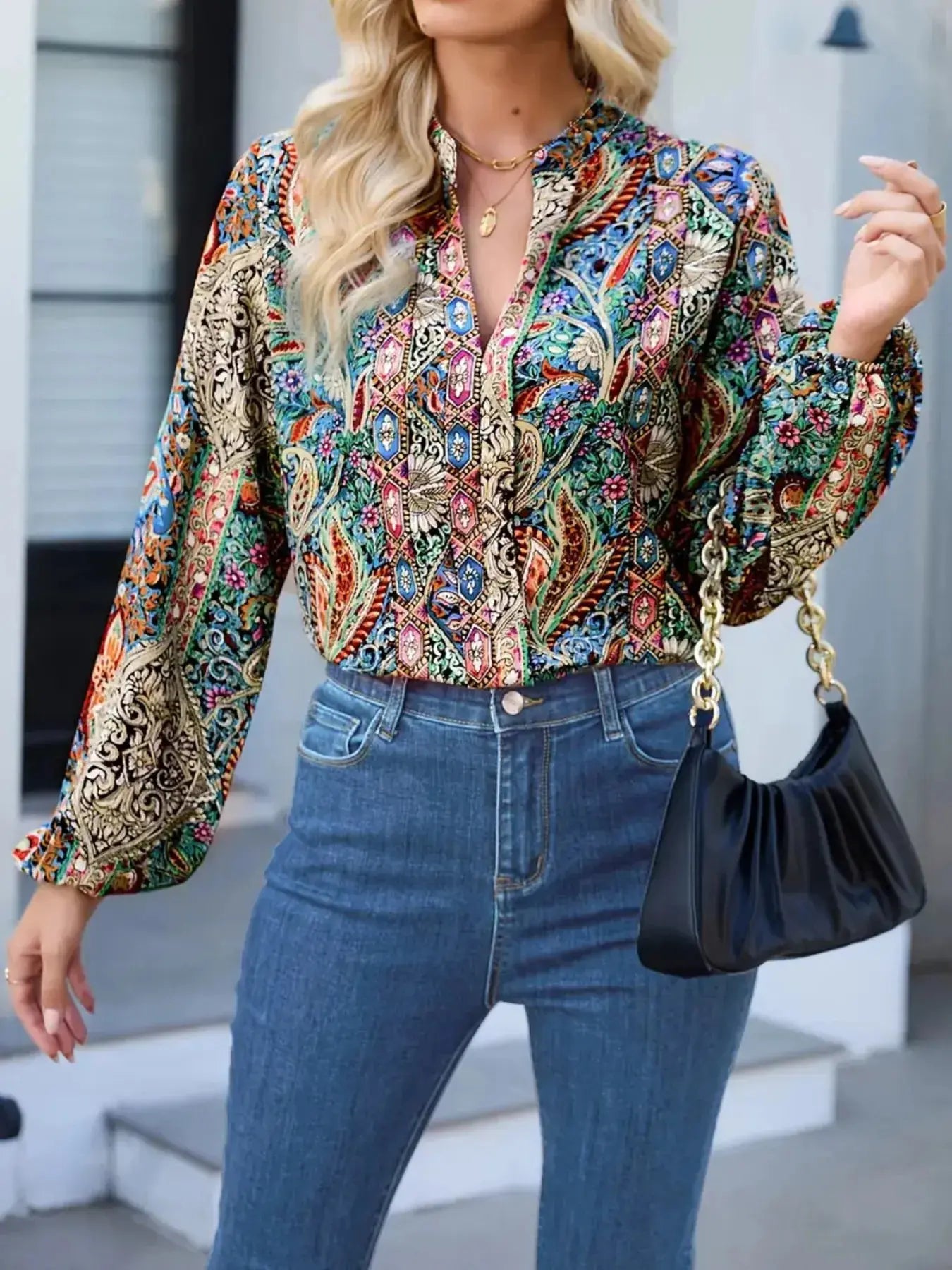 Printed Notched Balloon Sleeve Blouse - Be Bliss Boutique