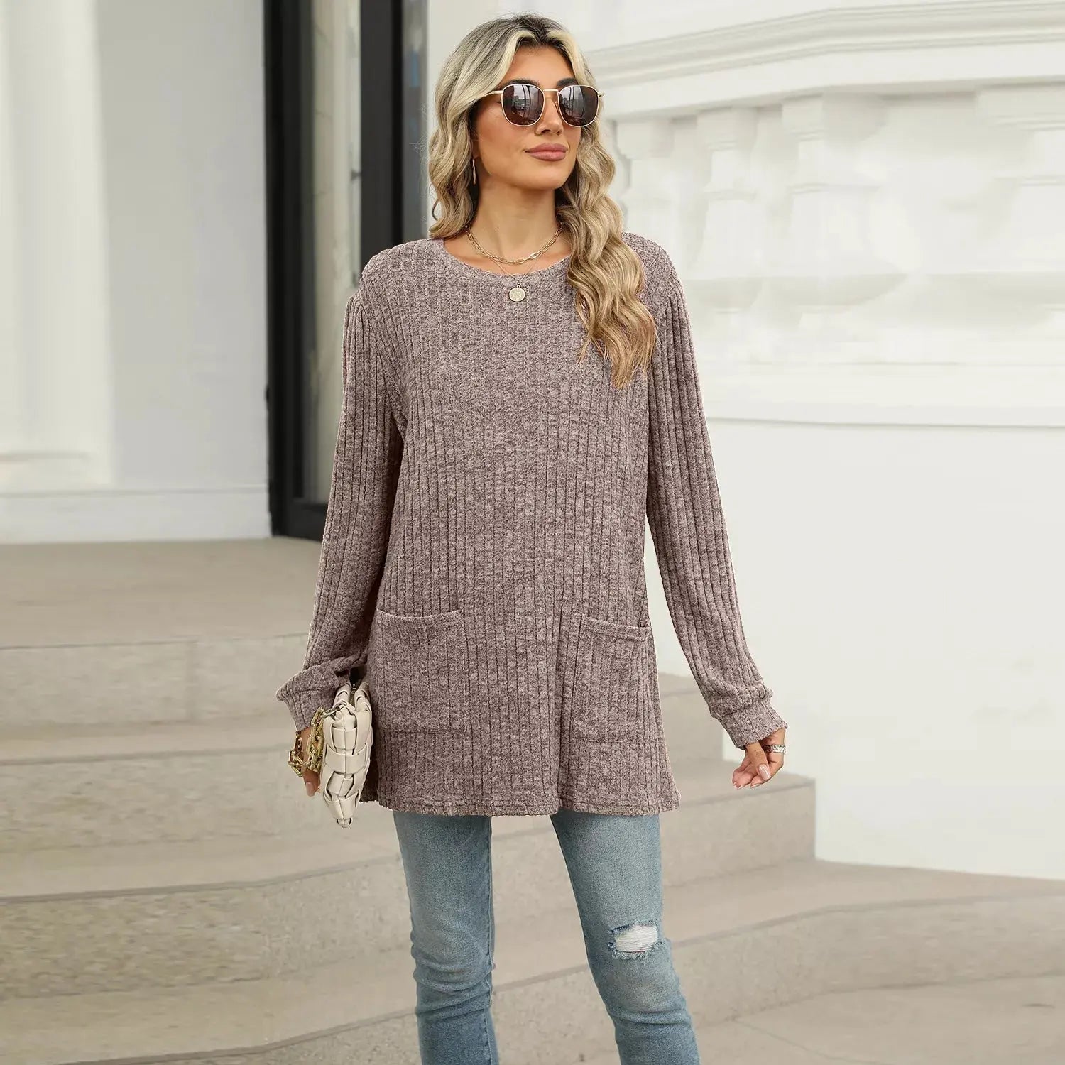 Cozy Ribbed Knit Long Sleeve Tunic Top with Pockets - Be Bliss Boutique