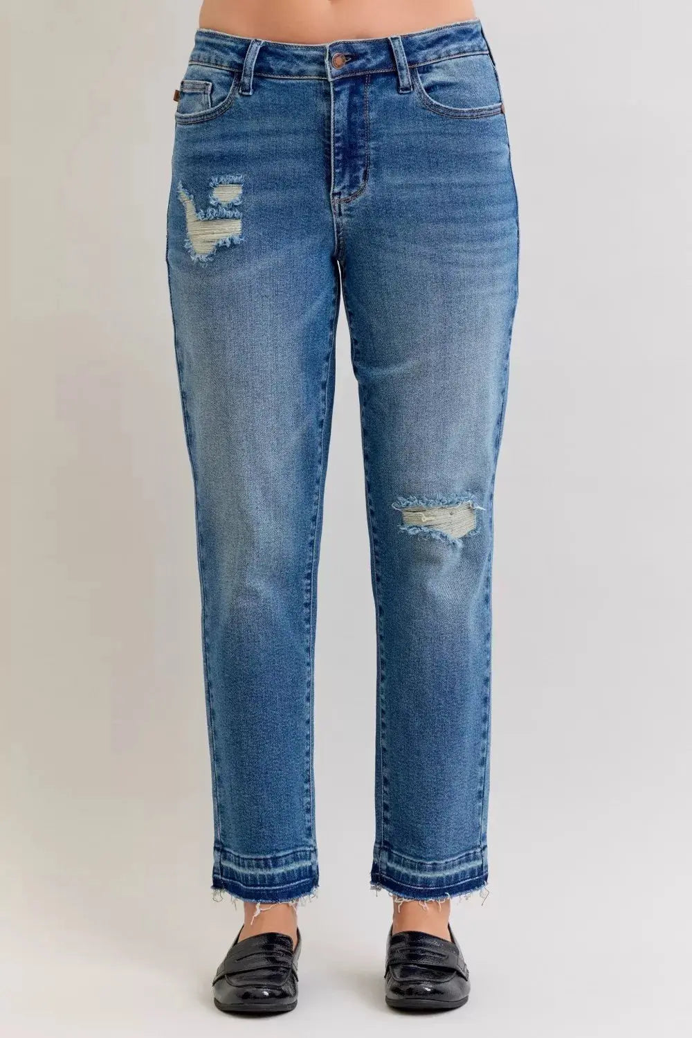 Judy Blue Jeans - Plus Size Mid Rise Boyfriend Destroy Jeans with Release Hem - Be Bliss Boutique
