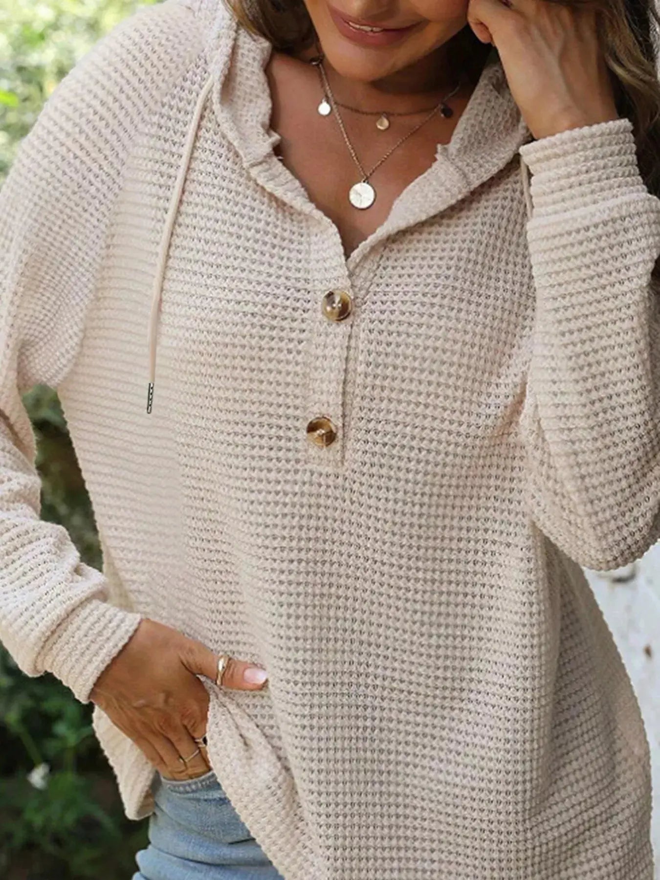 Casual Button Detail Waffle Knit Hoodie - Be Bliss Boutique