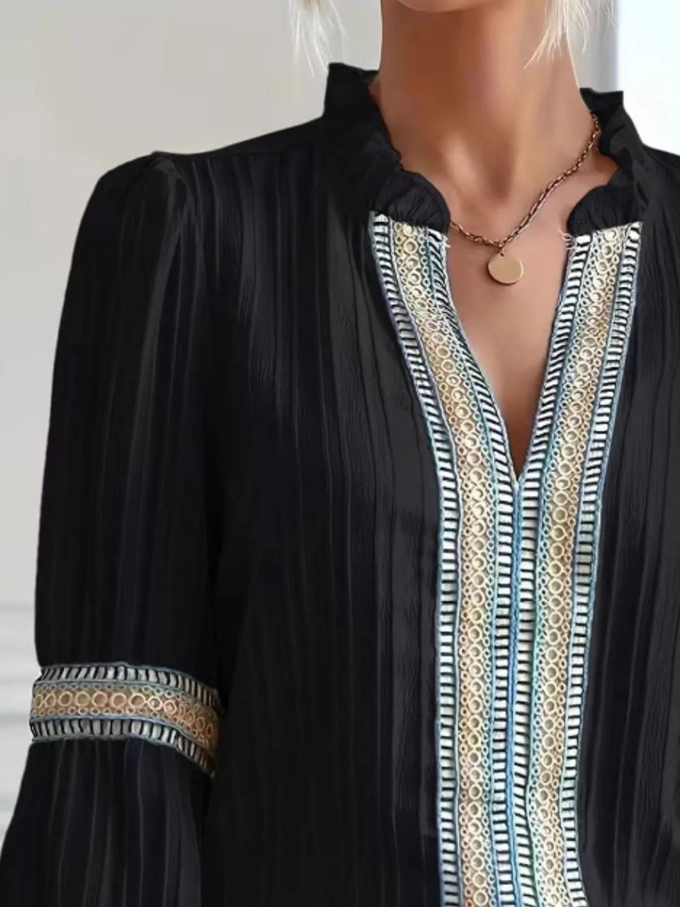 Textured Notched Balloon Sleeve Elegant Blouse - Be Bliss Boutique