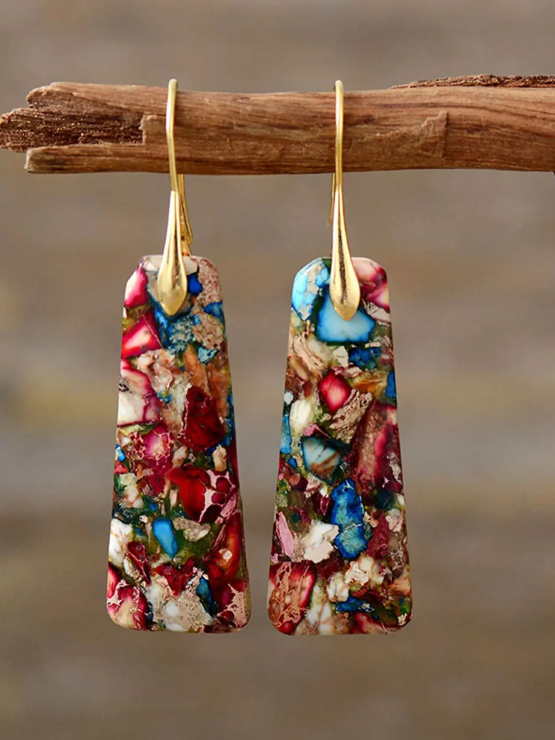 Geometric Imperial Jasper Dangle Earrings - Boho Gold Hooks - Be Bliss Boutique