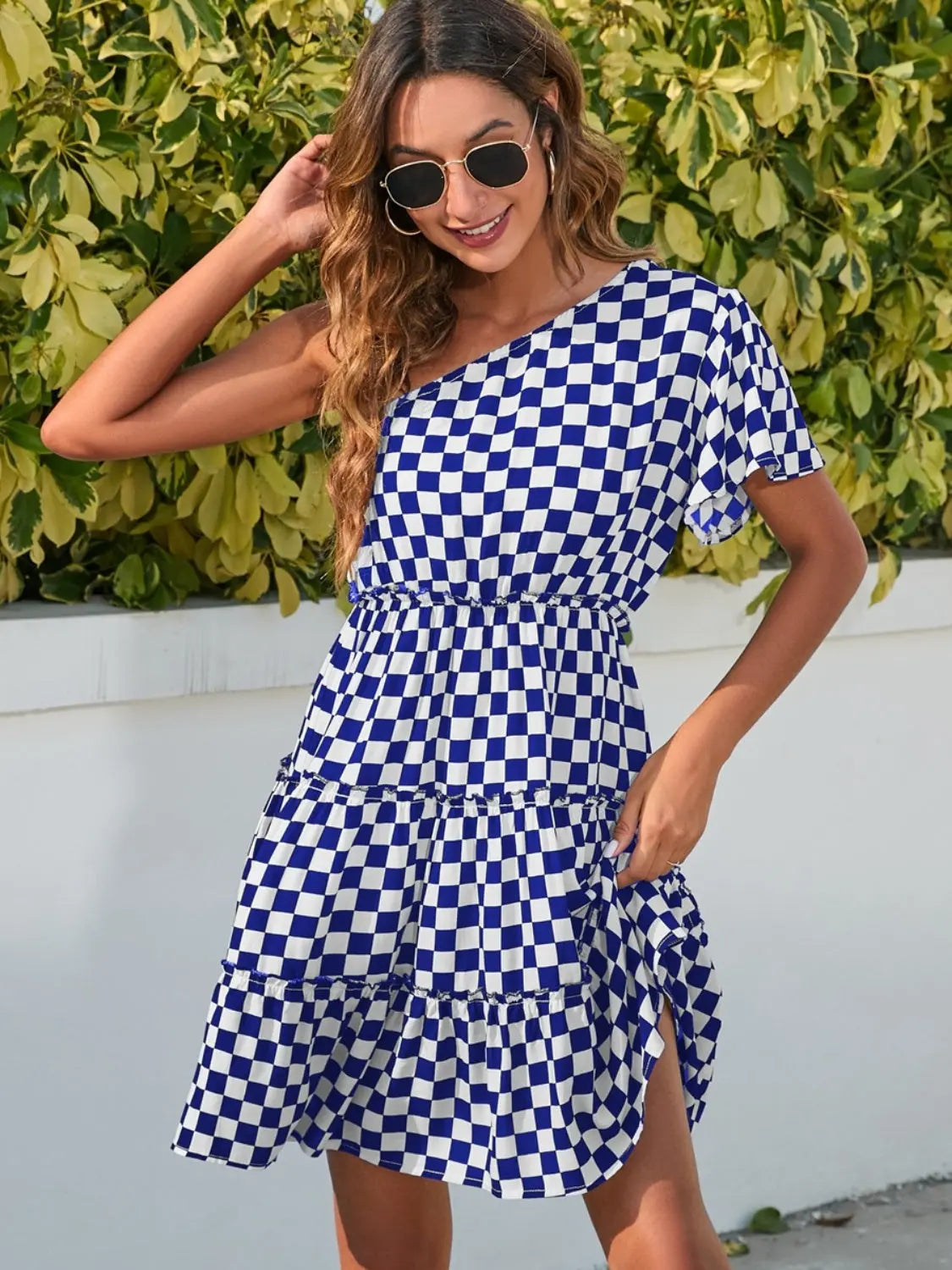 Checkered Single Shoulder Mini Dress - Be Bliss Boutique