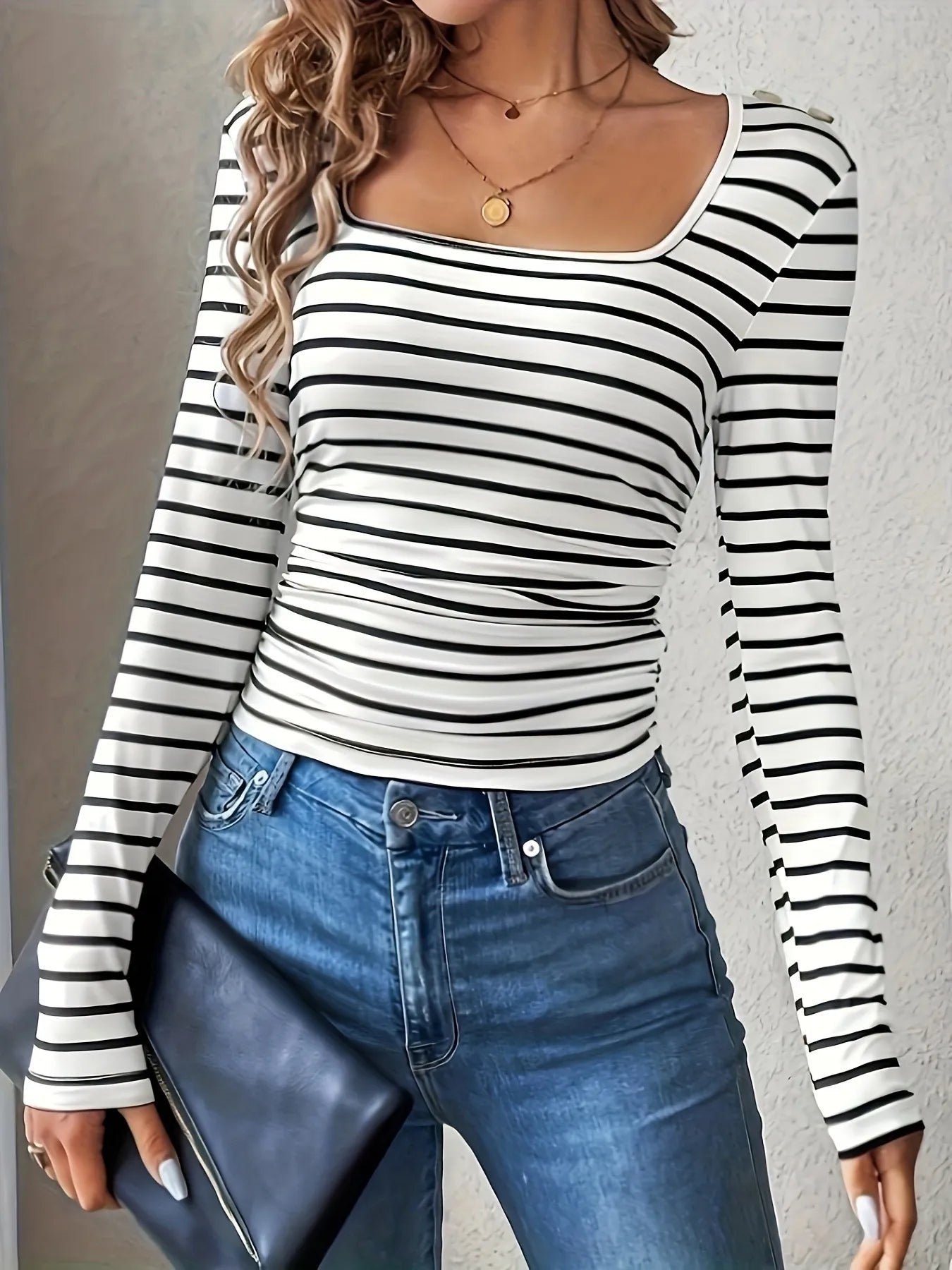 Striped Square Neck Womens Long Sleeve T Shirt - Be Bliss Boutique