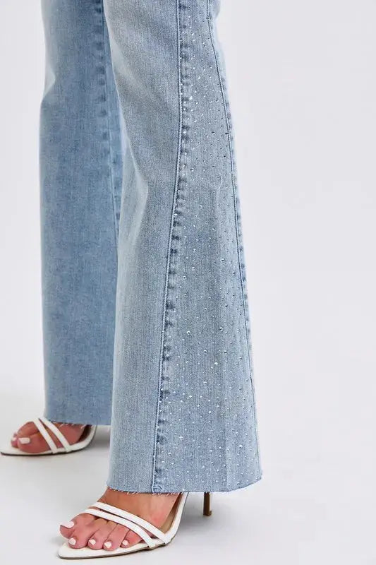 Mid Rise Rhinestone Side Panel Flare Judy Blue Jeans - Be Bliss Boutique
