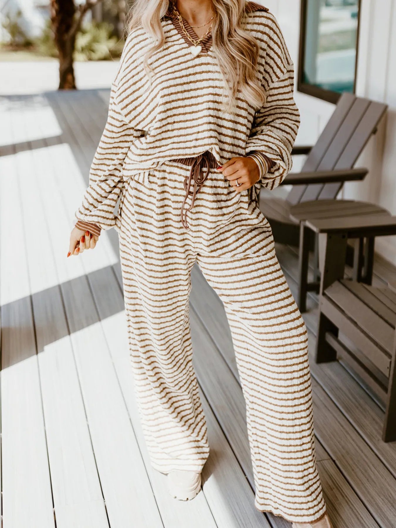 Stripe Collared Top and Drawstring Pant Set - Be Bliss Boutique