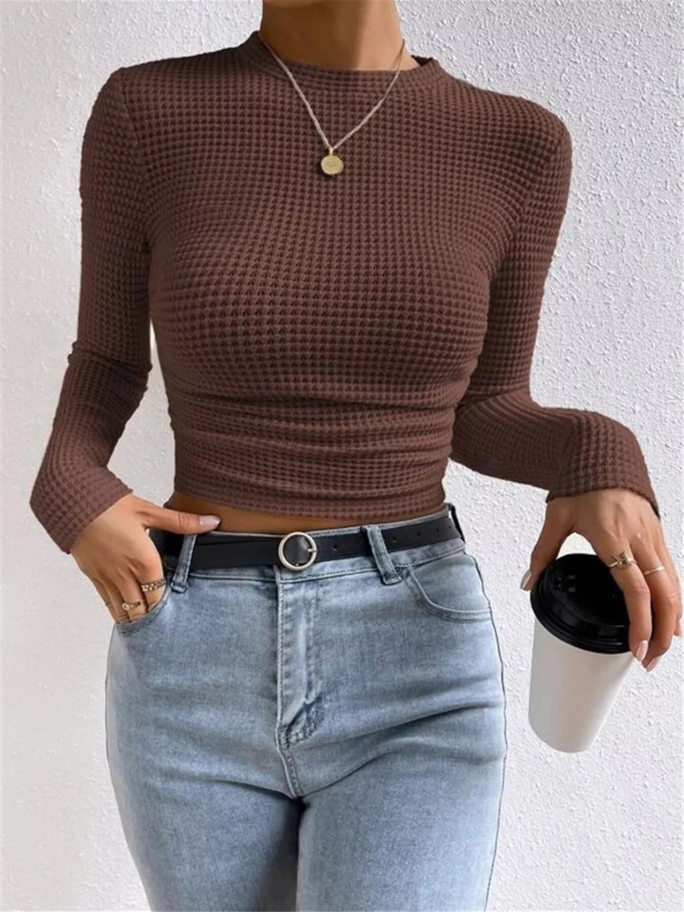 Waffle Knit Long Sleeve T-Shirt - Be Bliss Boutique