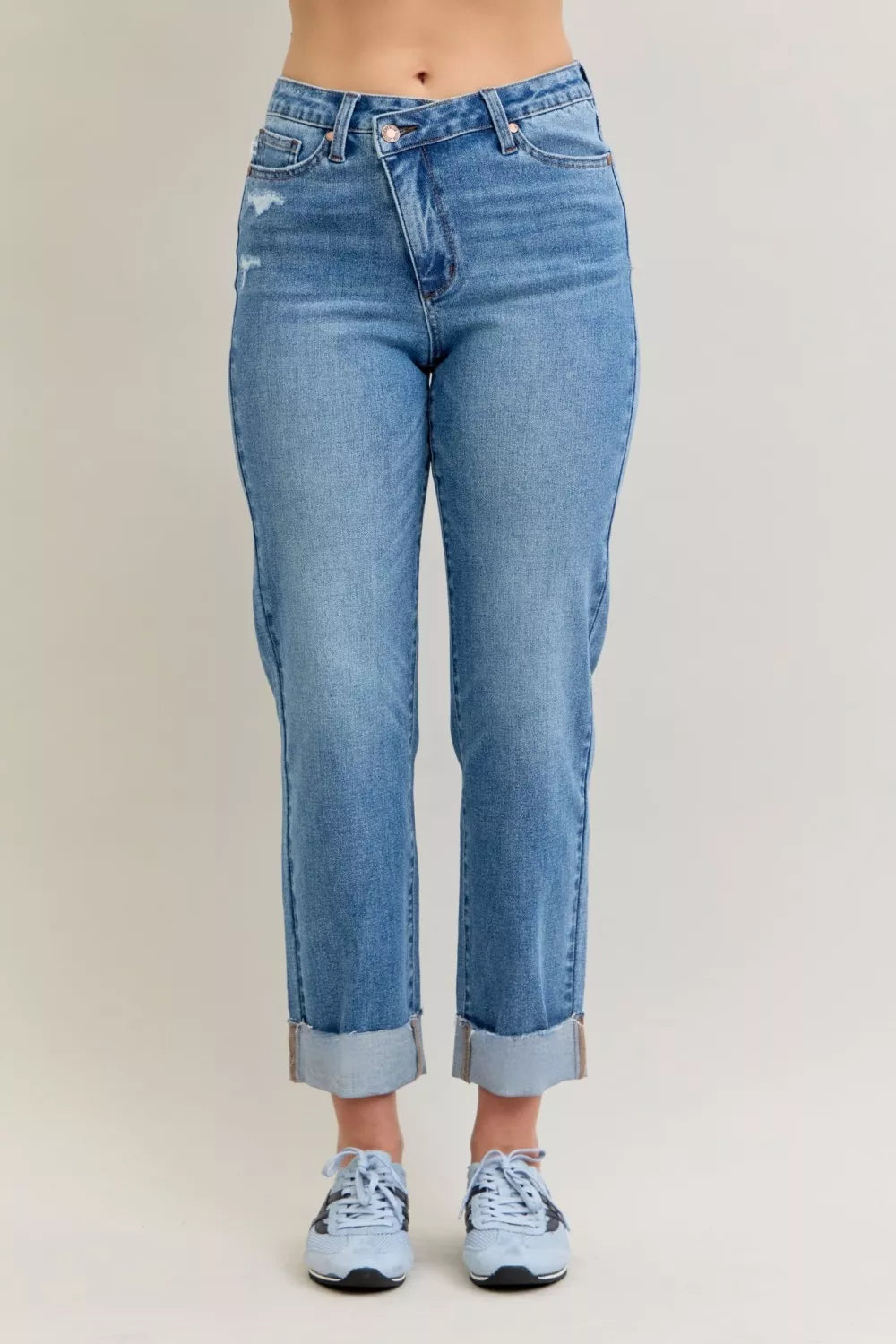 Judy Blue Jeans - High Waist Boyfriend Criss-Cross Mild Destroy Jeans with Single Cuff - Be Bliss Boutique