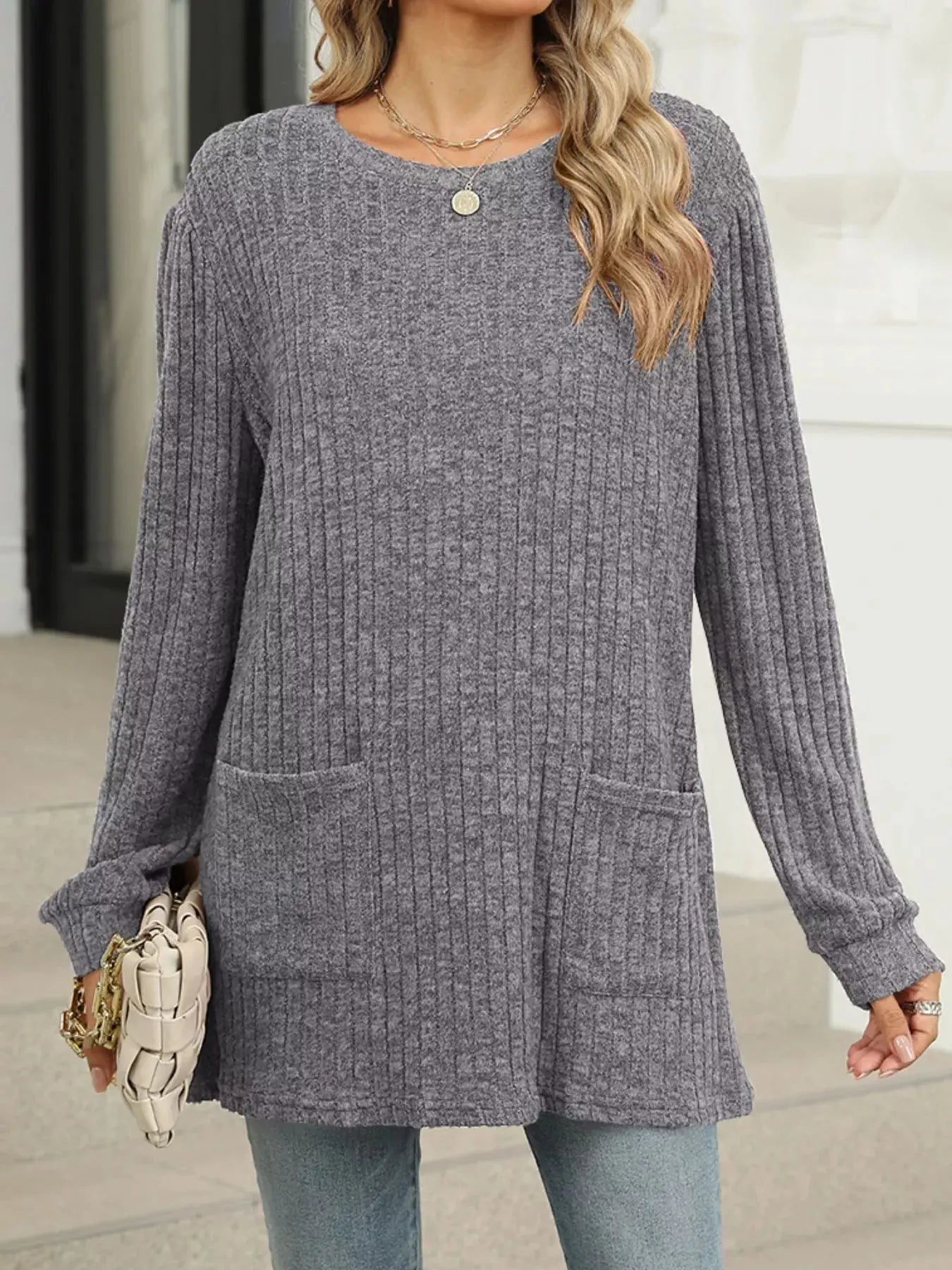 Cozy Ribbed Knit Long Sleeve Tunic Top with Pockets - Be Bliss Boutique