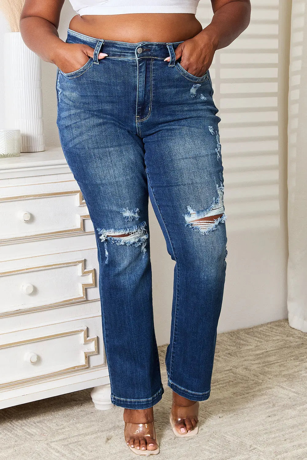 Full Size Mid Rise Hand Sand & Destroy Bootcut Judy Blue Jeans - Be Bliss Boutique